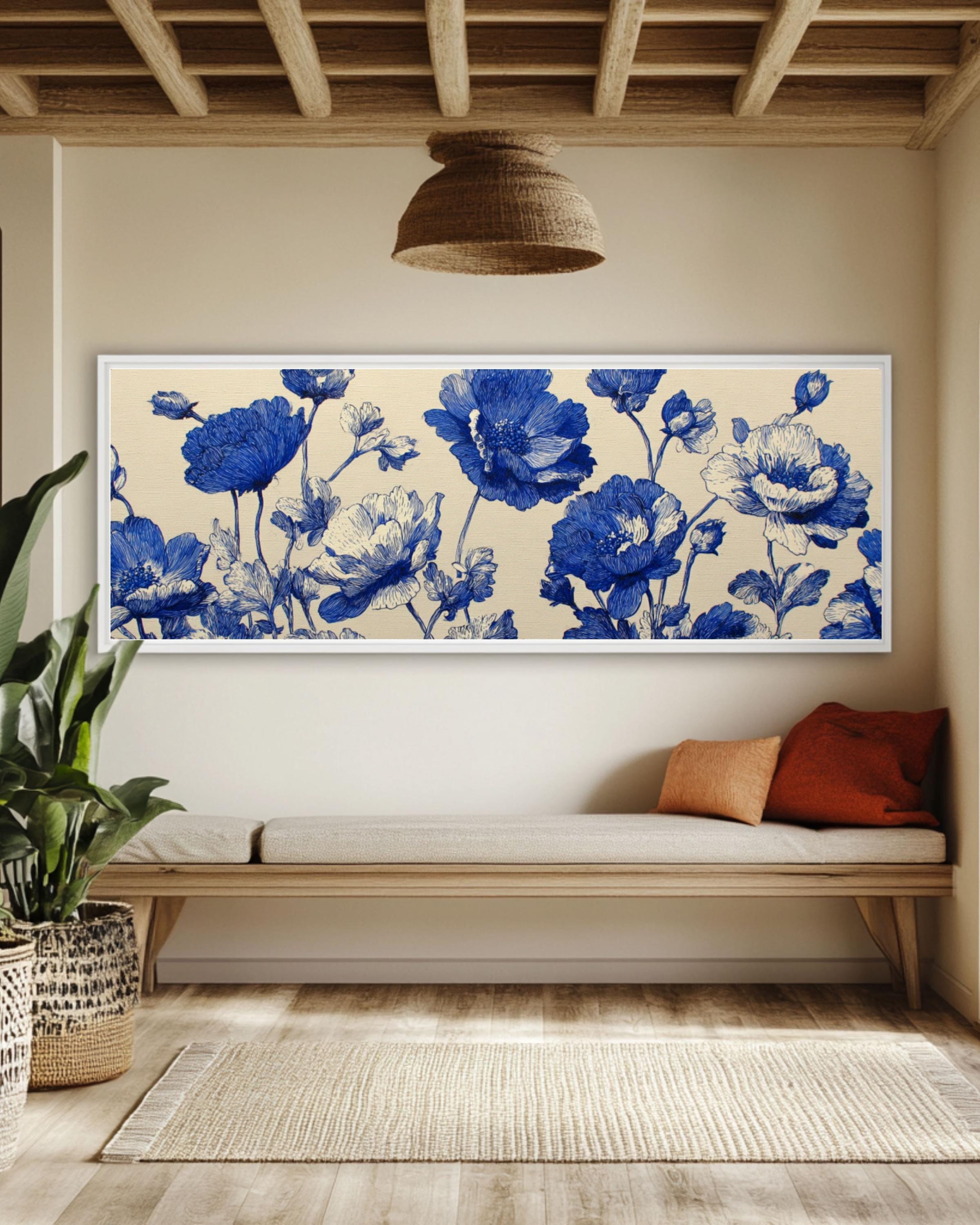 Blue Floral Ink Botanical Wall Art – Vintage Linework Canvas Print