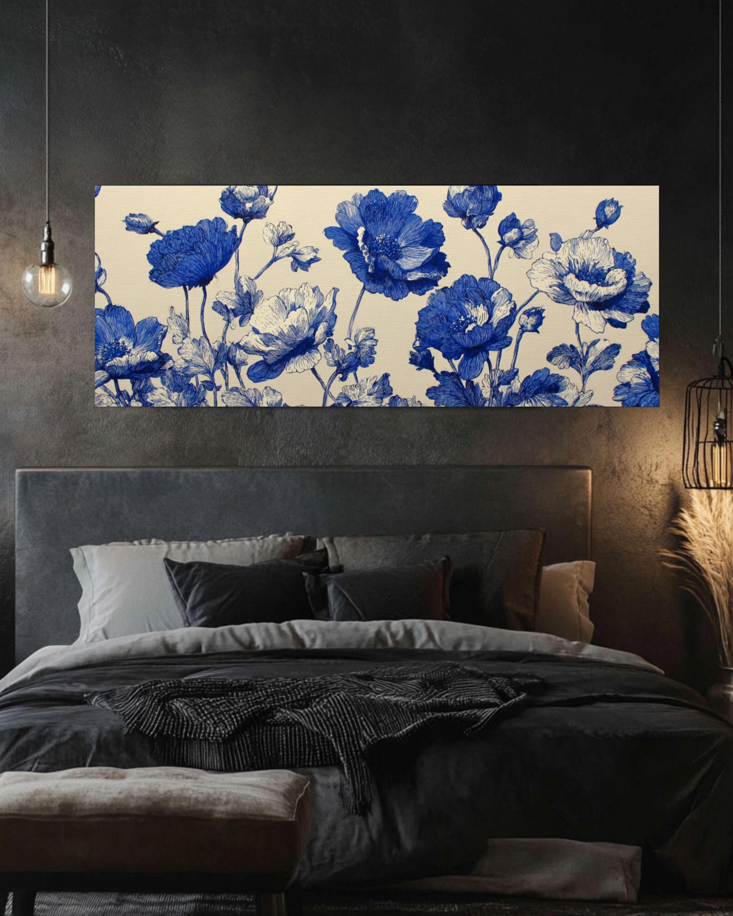 Blue Floral Ink Botanical Wall Art – Vintage Linework Canvas Print