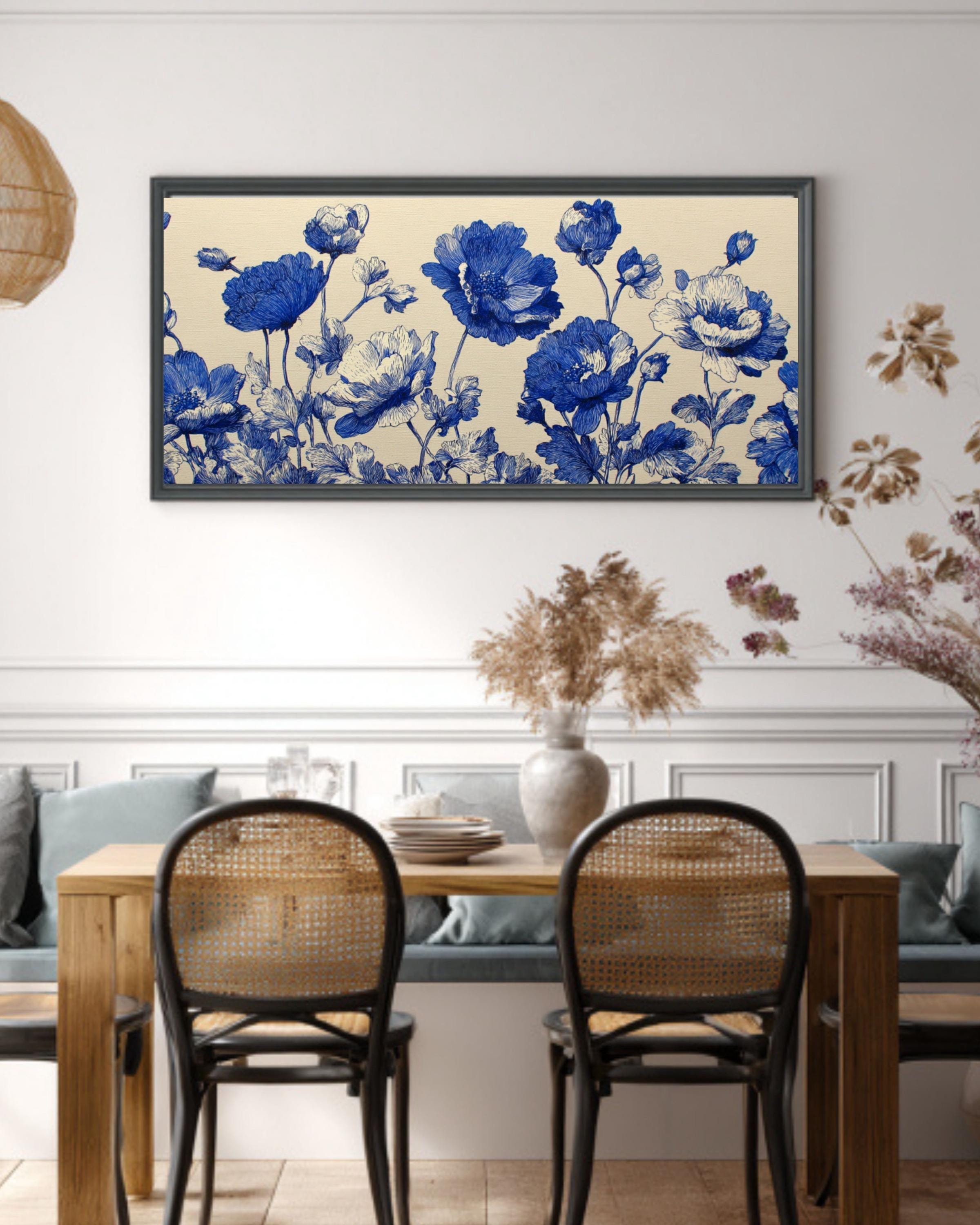 Blue Floral Ink Botanical Wall Art – Vintage Linework Canvas Print