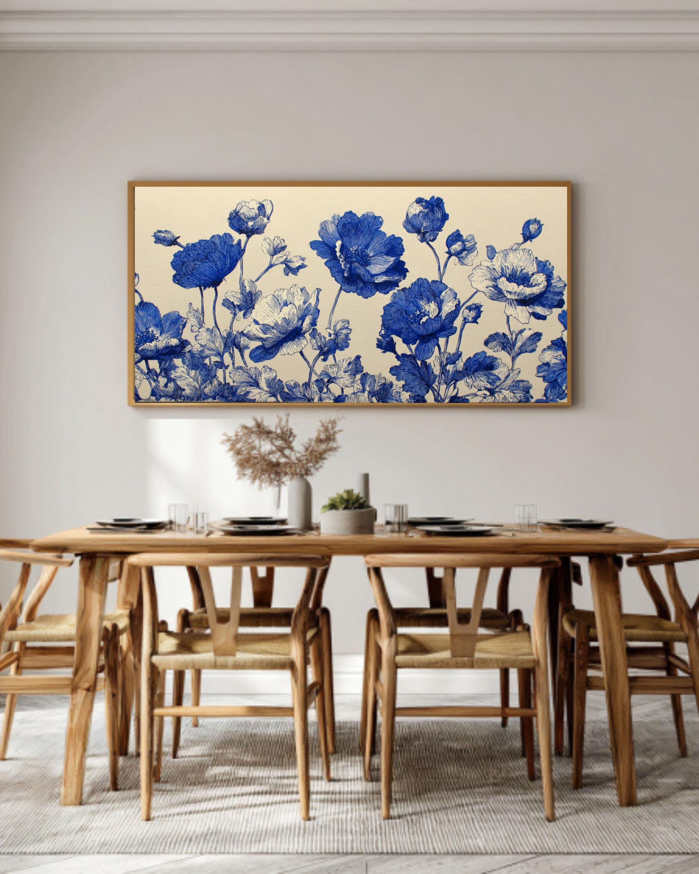 Blue Floral Ink Botanical Wall Art – Vintage Linework Canvas Print