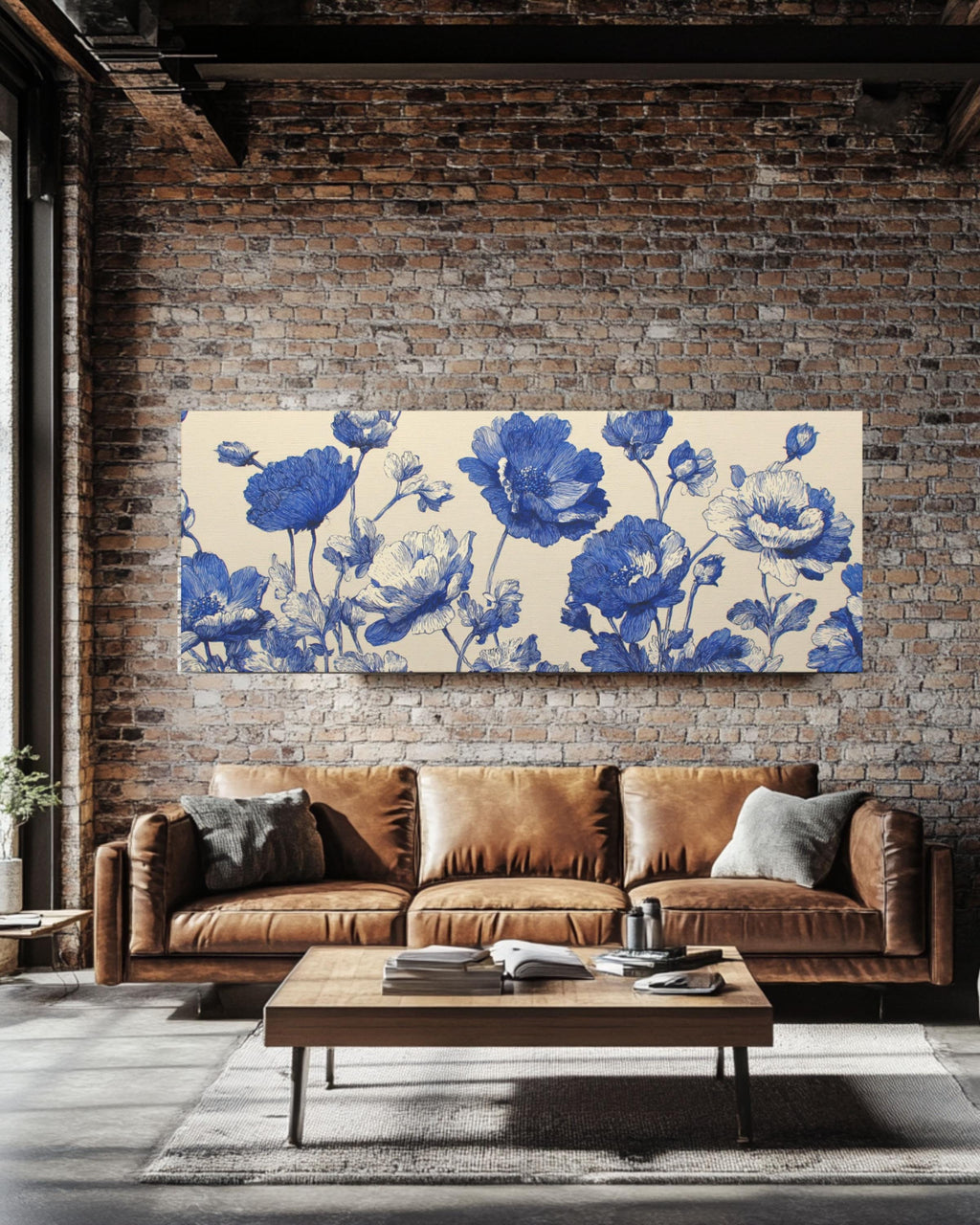 Blue Floral Ink Botanical Wall Art – Vintage Linework Canvas Print