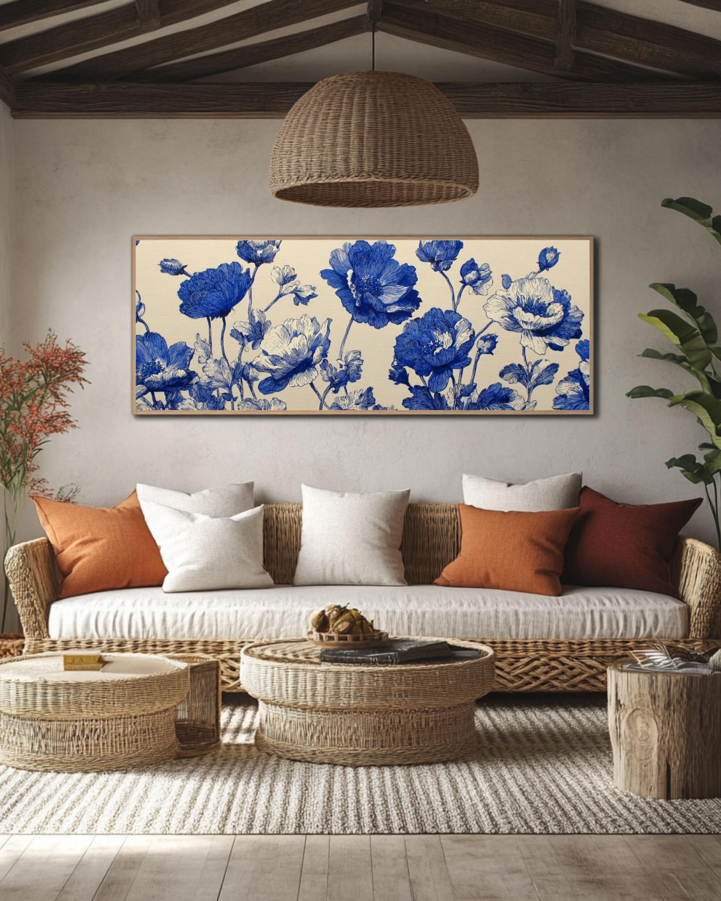 Blue Floral Ink Botanical Wall Art – Vintage Linework Canvas Print