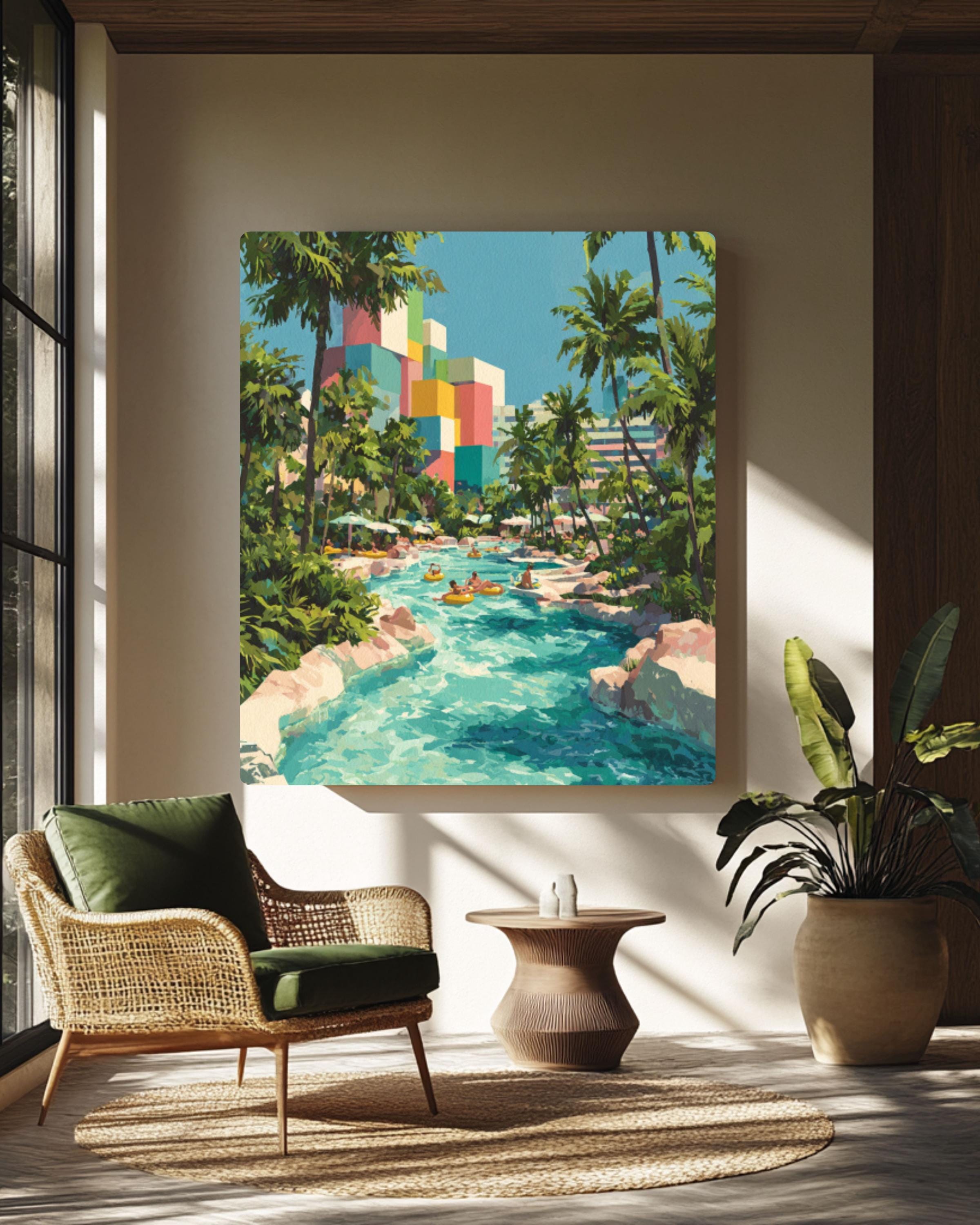 Miami Water Park Gouache Art Print – Colorful Retro Summer Scene