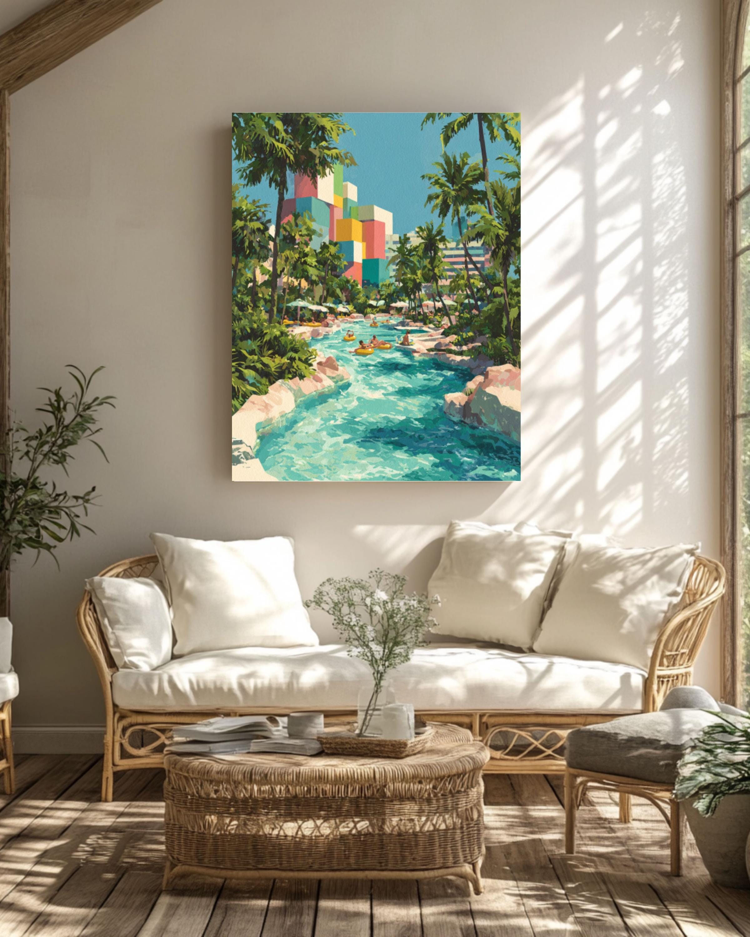 Miami Water Park Gouache Art Print – Colorful Retro Summer Scene