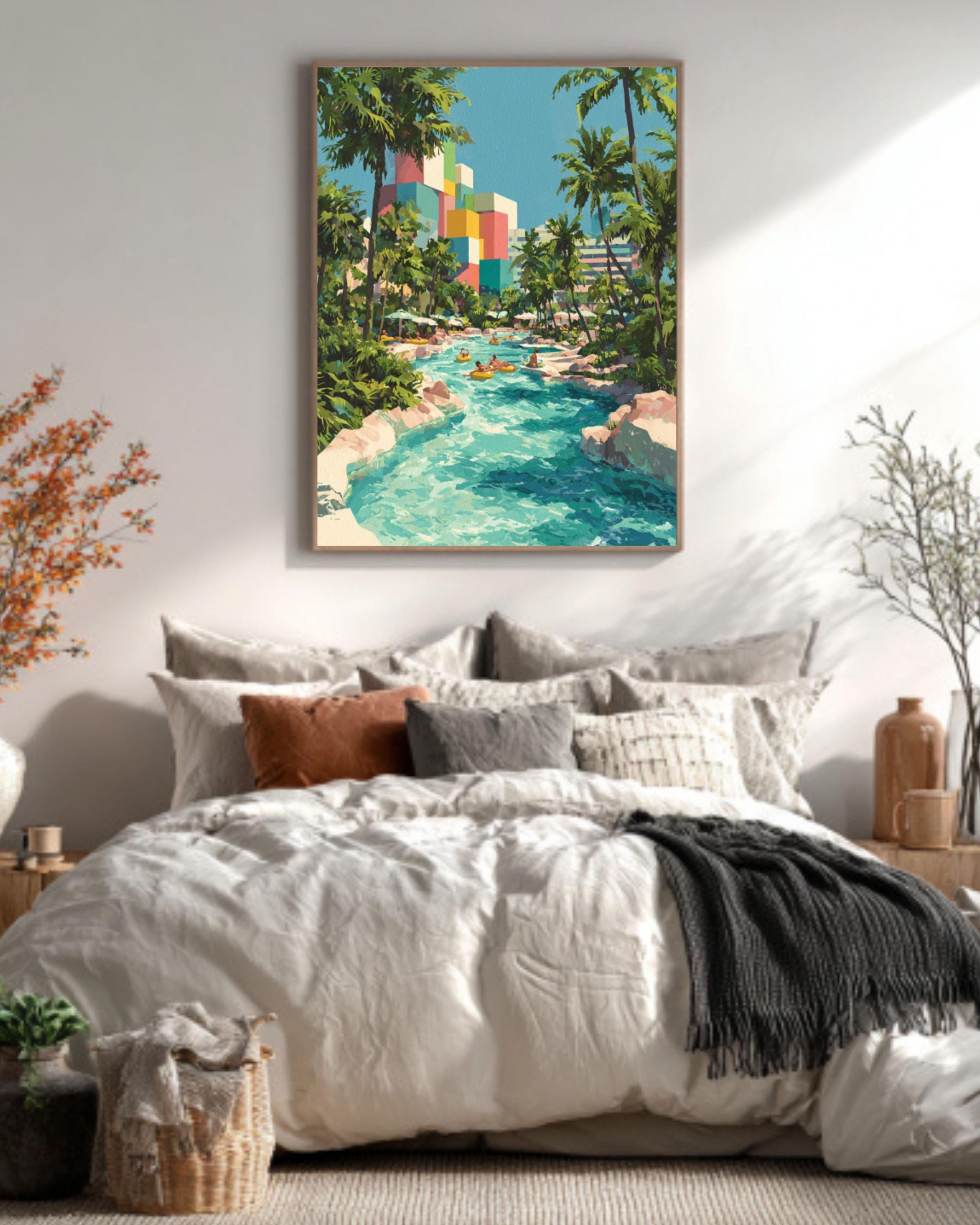 Miami Water Park Gouache Art Print – Colorful Retro Summer Scene