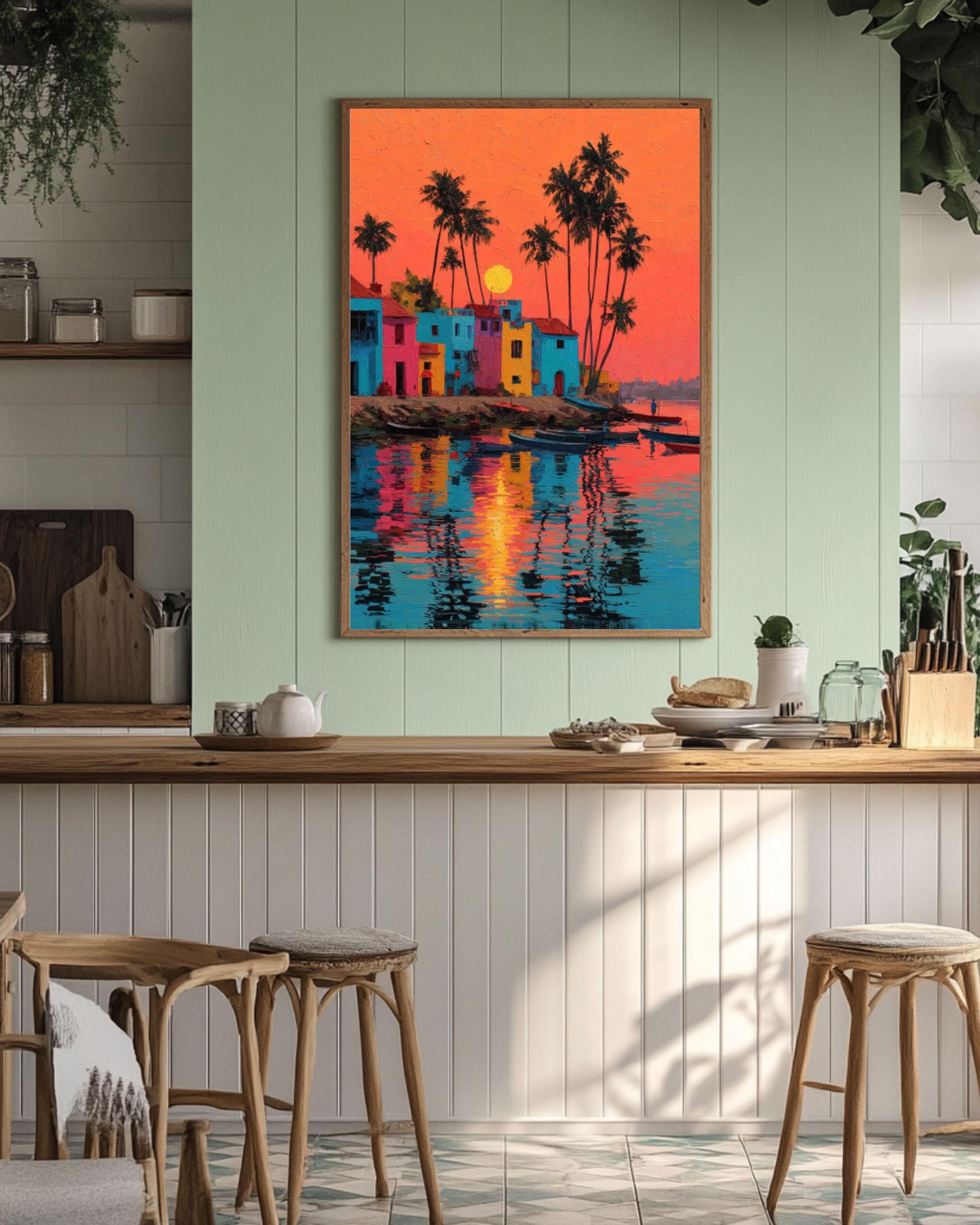 Tropical Beach Sunset Canvas Wall Art – Palm Trees & Indian Architecture
