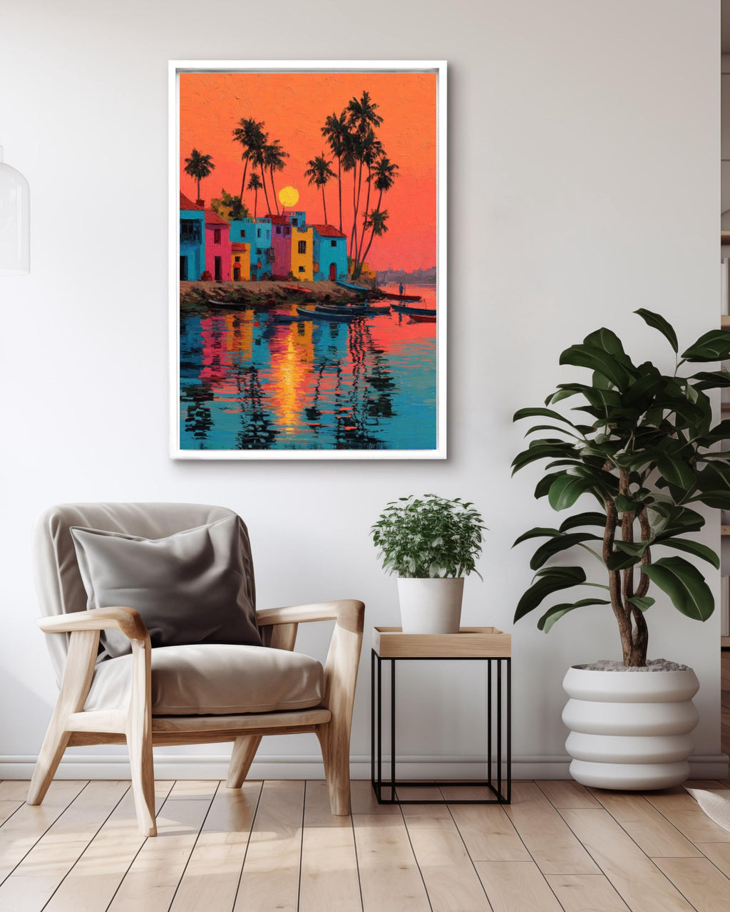 Tropical Beach Sunset Canvas Wall Art – Palm Trees & Indian Architecture