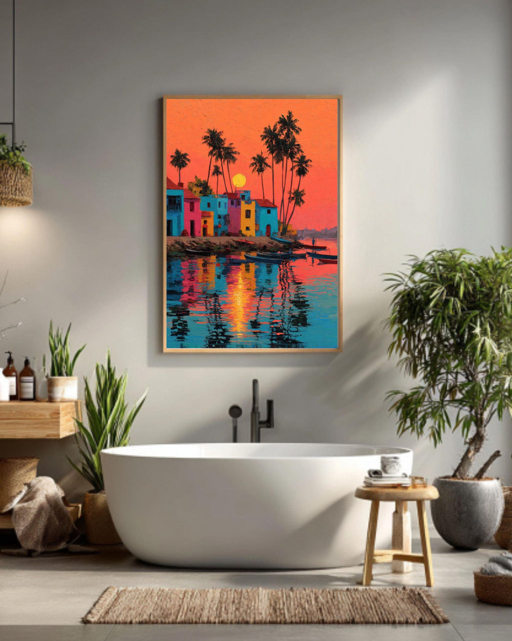 Tropical Beach Sunset Canvas Wall Art – Palm Trees & Indian Architecture