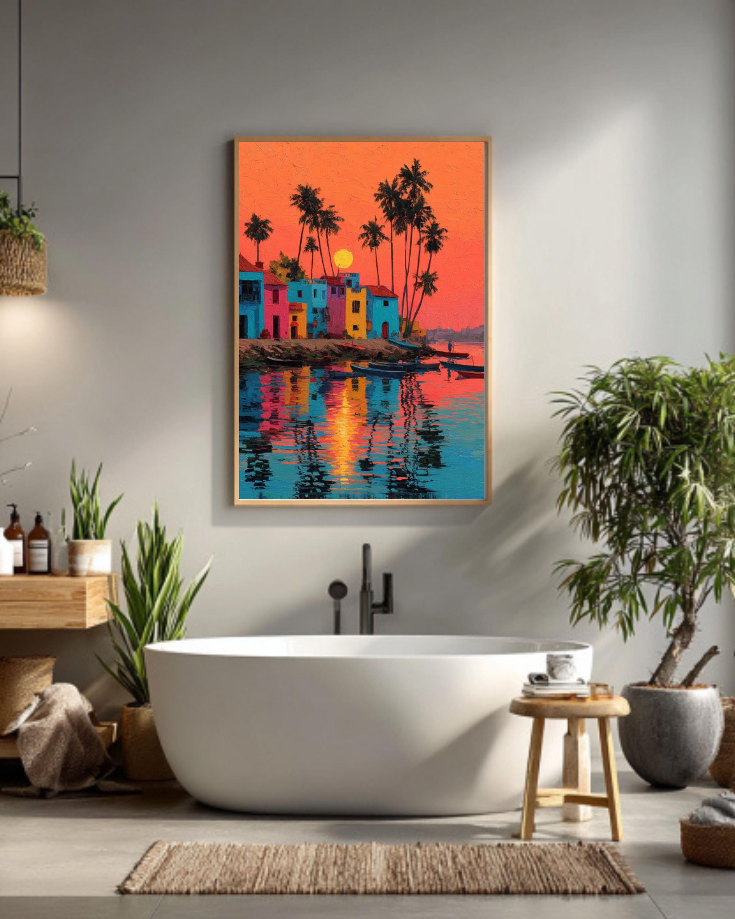 Tropical Beach Sunset Canvas Wall Art – Palm Trees & Indian Architecture