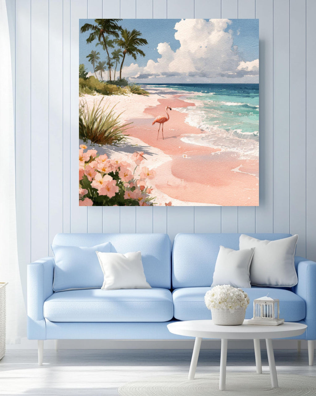 Flamingo Beach Watercolor Canvas Wall Art – Tropical Coastal Décor