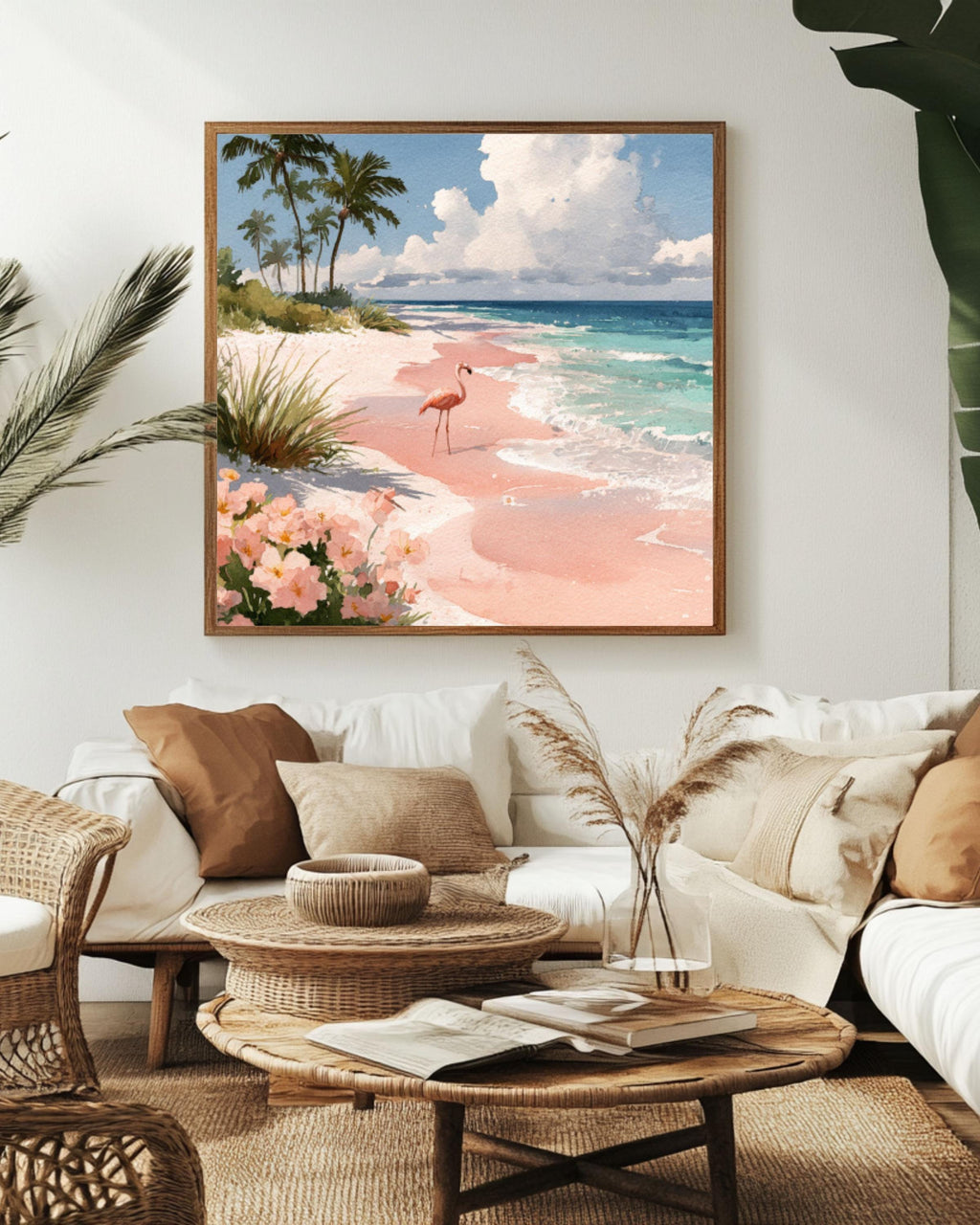 Flamingo Beach Watercolor Canvas Wall Art – Tropical Coastal Décor