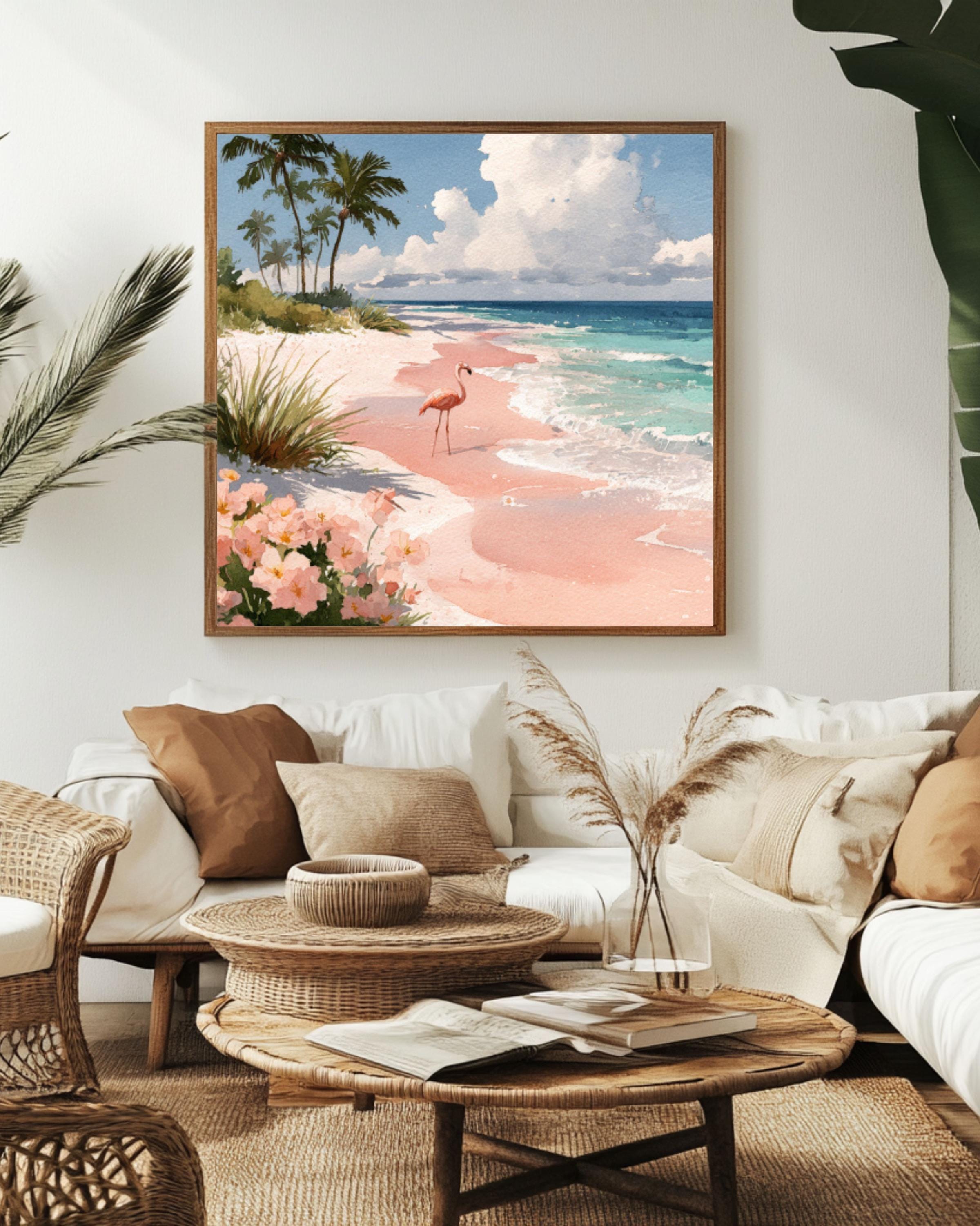 Flamingo Beach Watercolor Canvas Wall Art – Tropical Coastal Décor