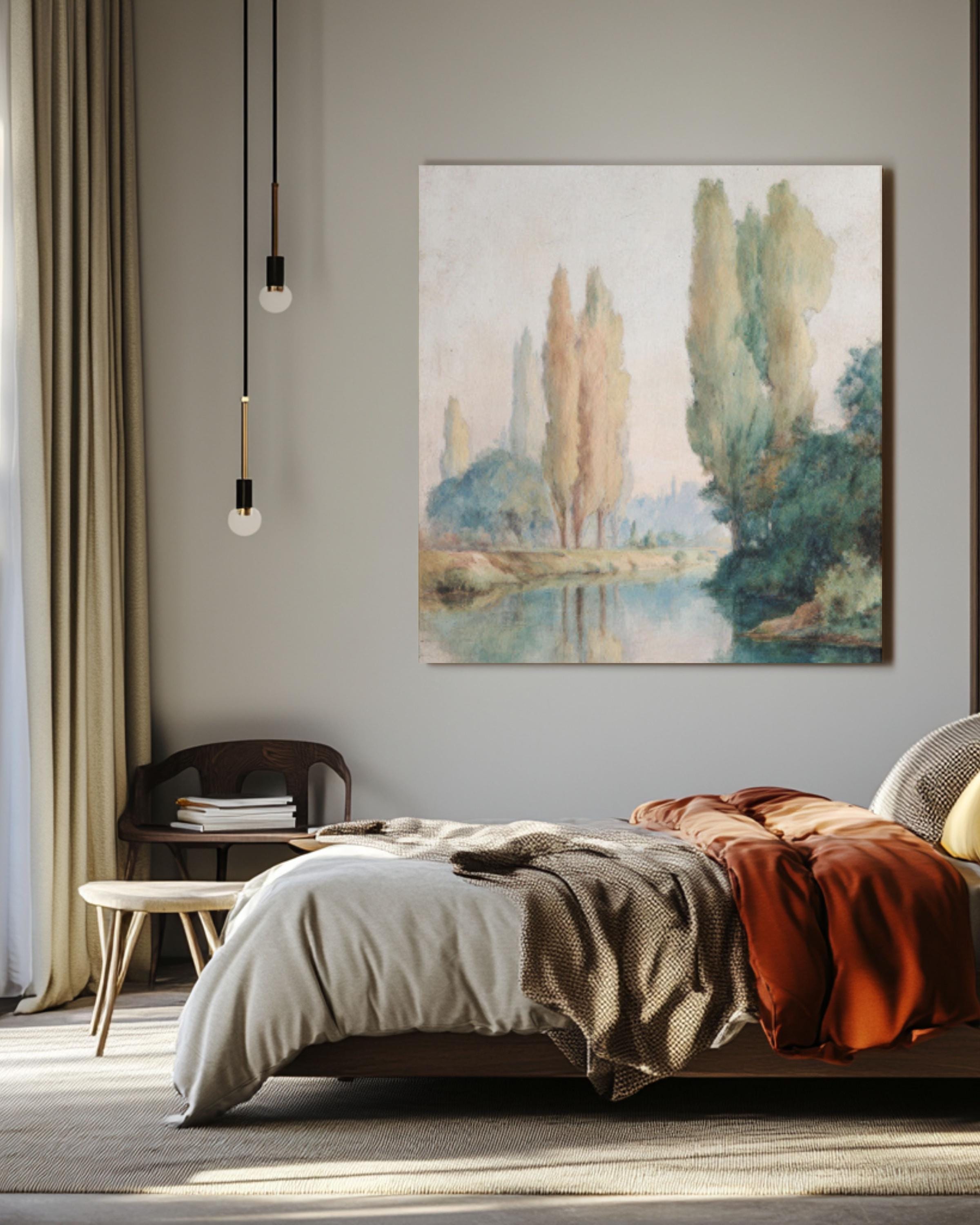 Impressionist River Landscape Wall Art | Pastel Watercolor Canvas Print