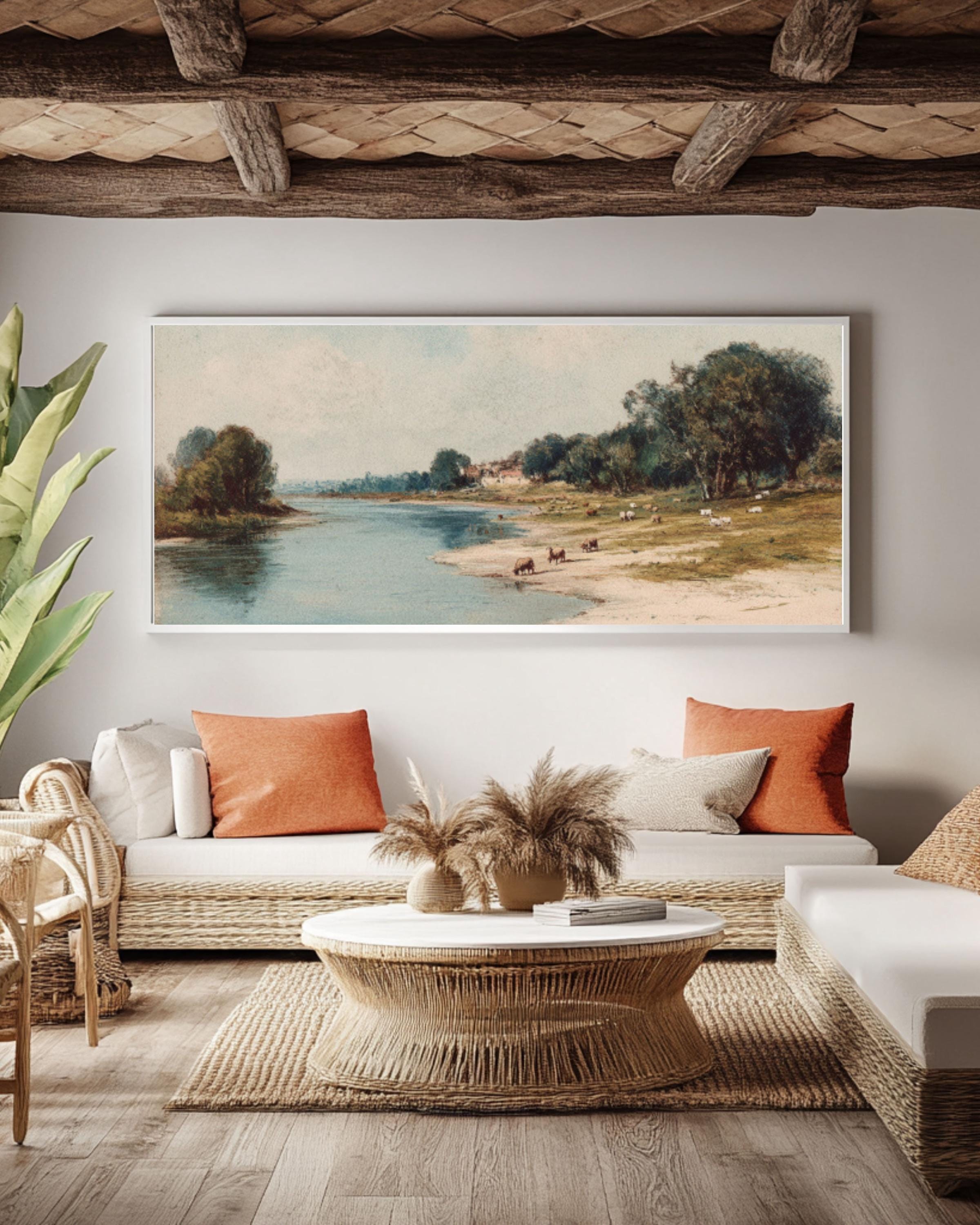 Victorian River Pastoral Wall Art | Impressionist Canvas Print