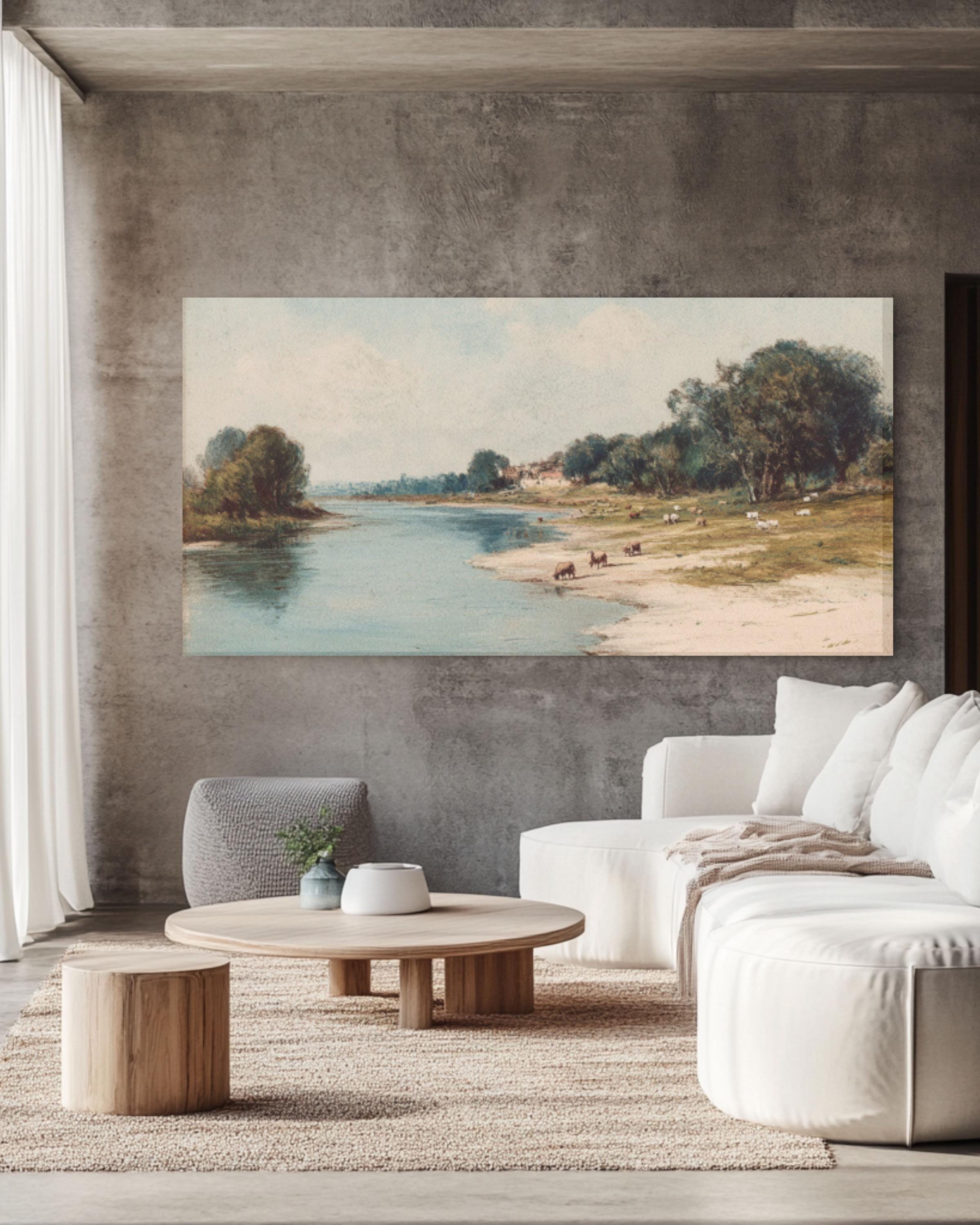 Victorian River Pastoral Wall Art | Impressionist Canvas Print