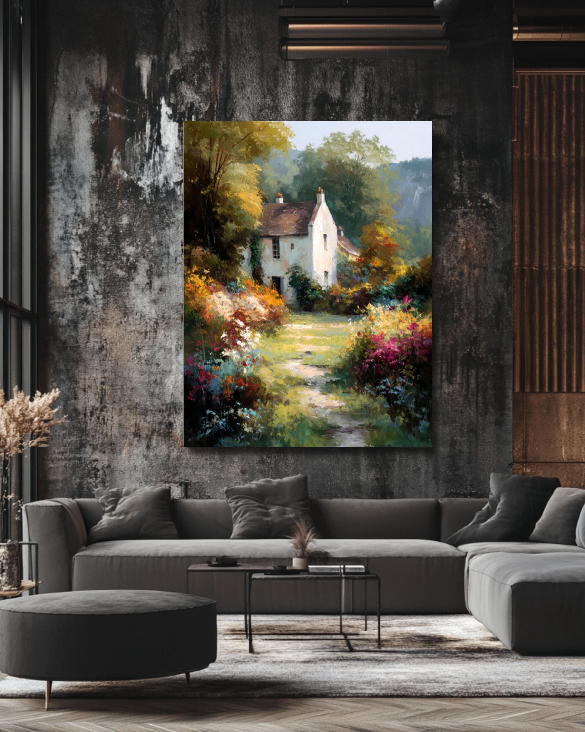 French Countryside Cottage Wall Art | Oil Painting Style Print | Canvas or Framed