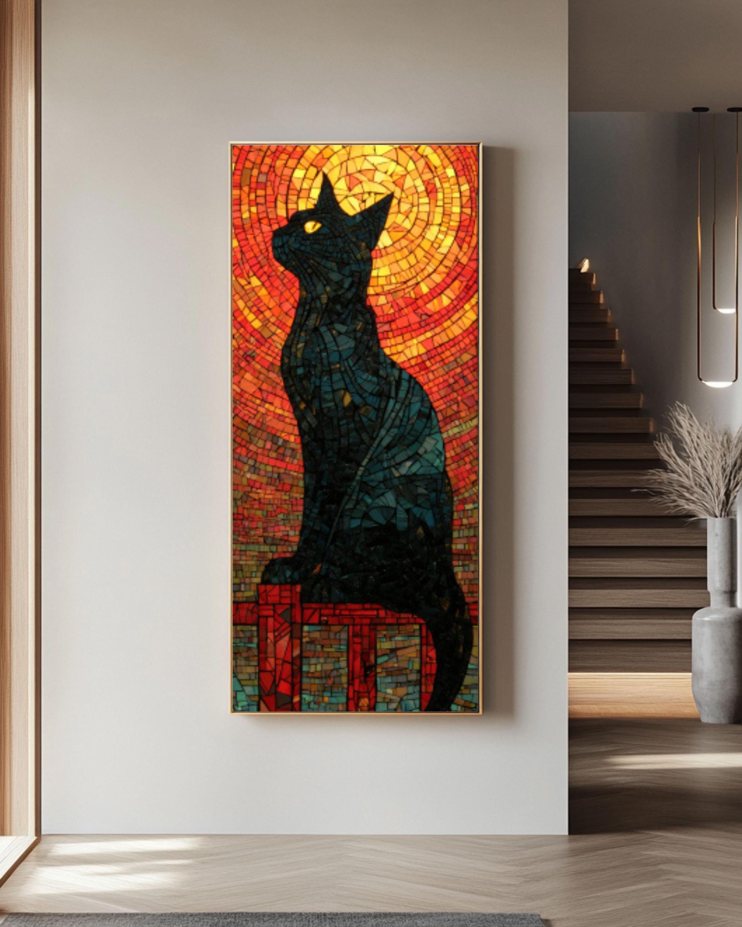 Black Cat Mosaic Wall Art | Stained Glass Style Canvas Print
