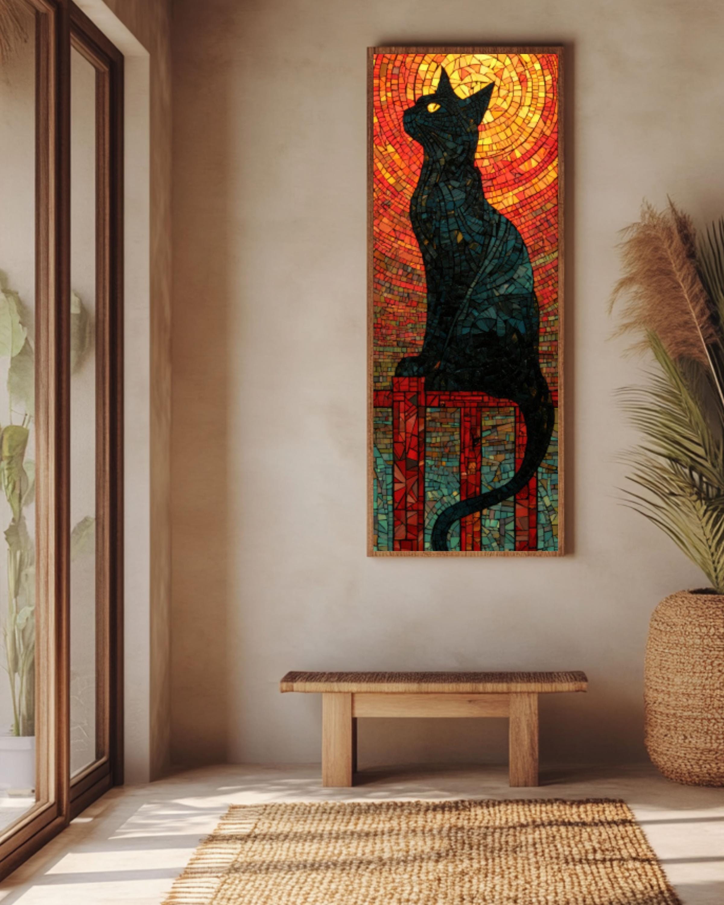 Black Cat Mosaic Wall Art | Stained Glass Style Canvas Print