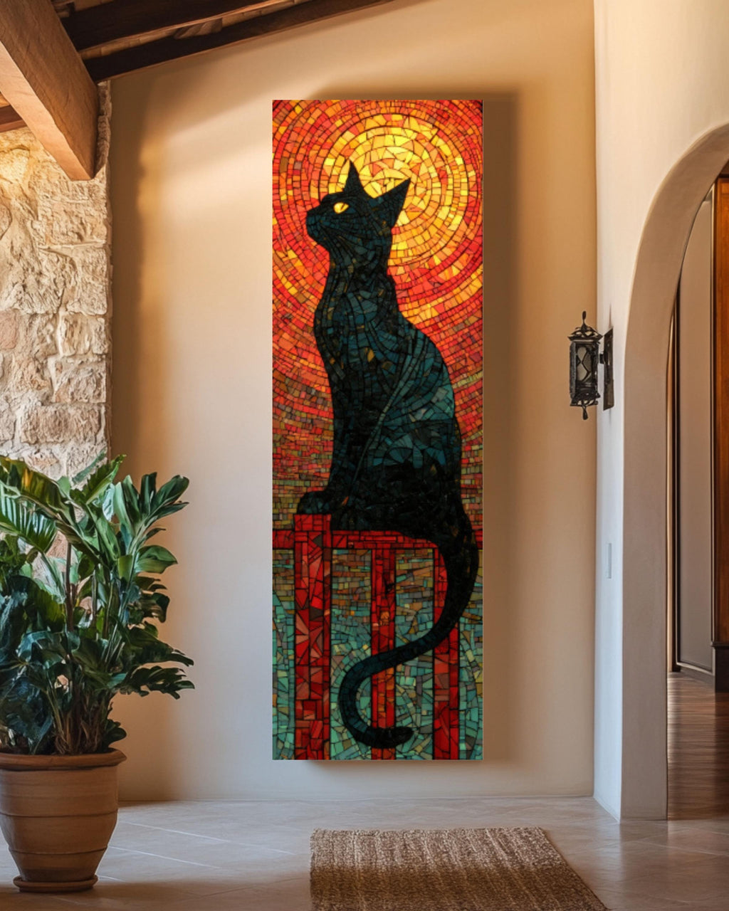 Black Cat Mosaic Wall Art | Stained Glass Style Canvas Print
