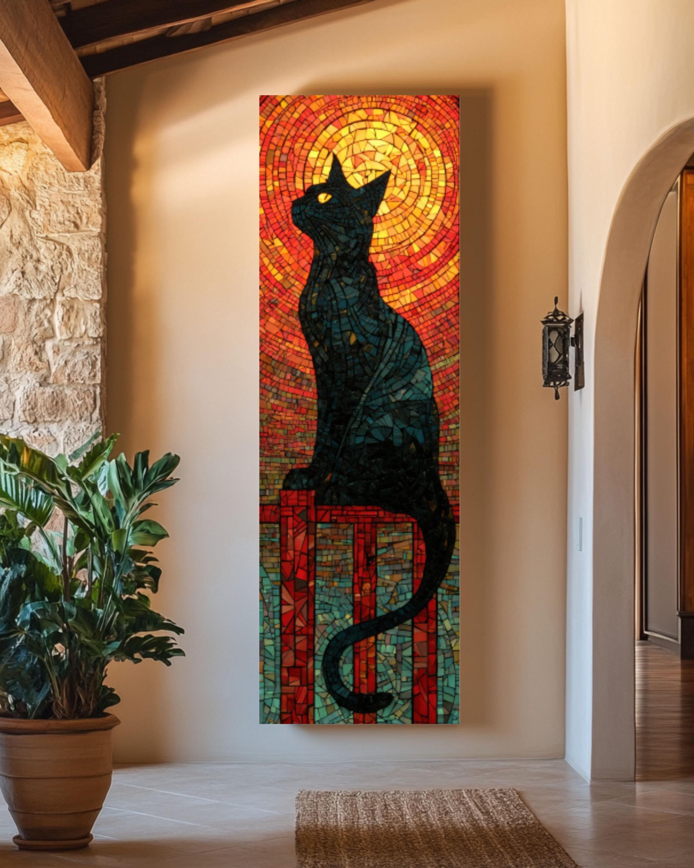 Black Cat Mosaic Wall Art | Stained Glass Style Canvas Print