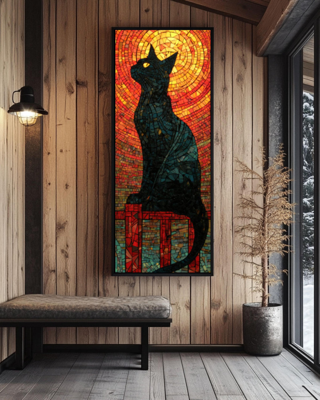 Black Cat Mosaic Wall Art | Stained Glass Style Canvas Print