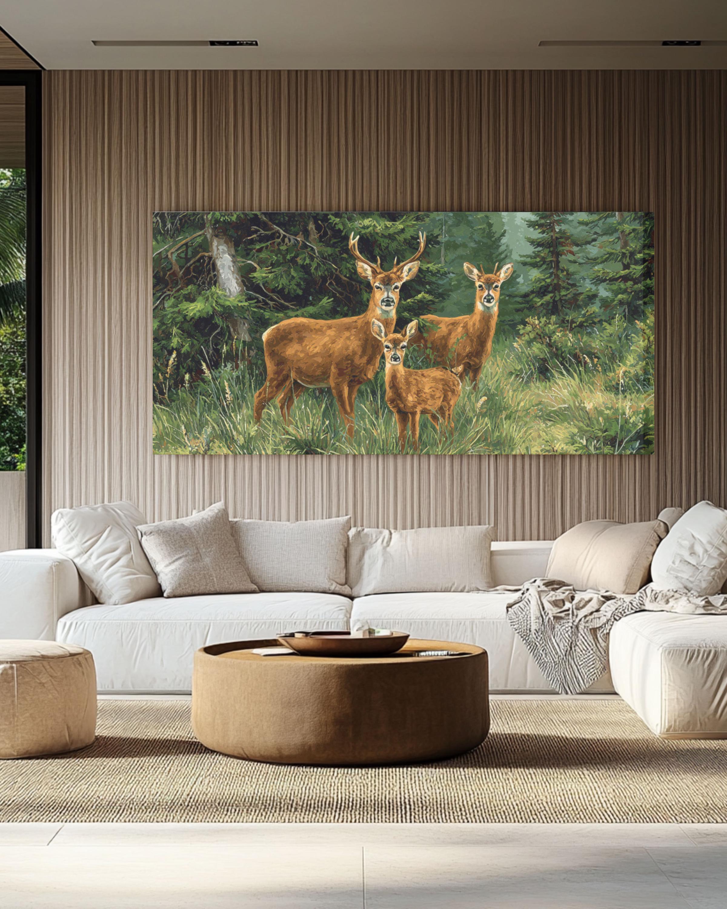 Deer Family Wildlife Wall Art | Painterly Nature Canvas Print