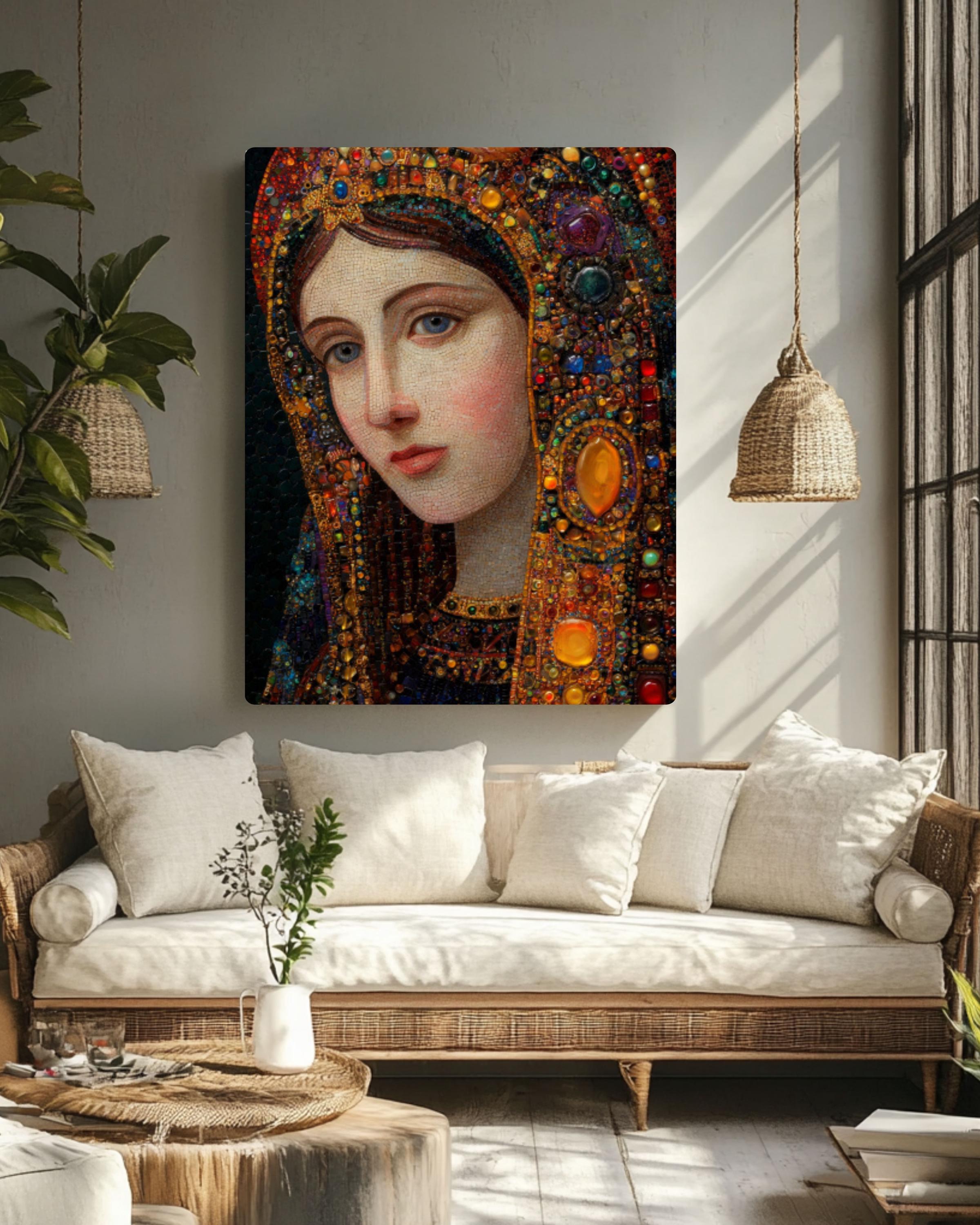 Holy Mary Portrait Wall Art | Klimt Style Gemstone Religious Canvas