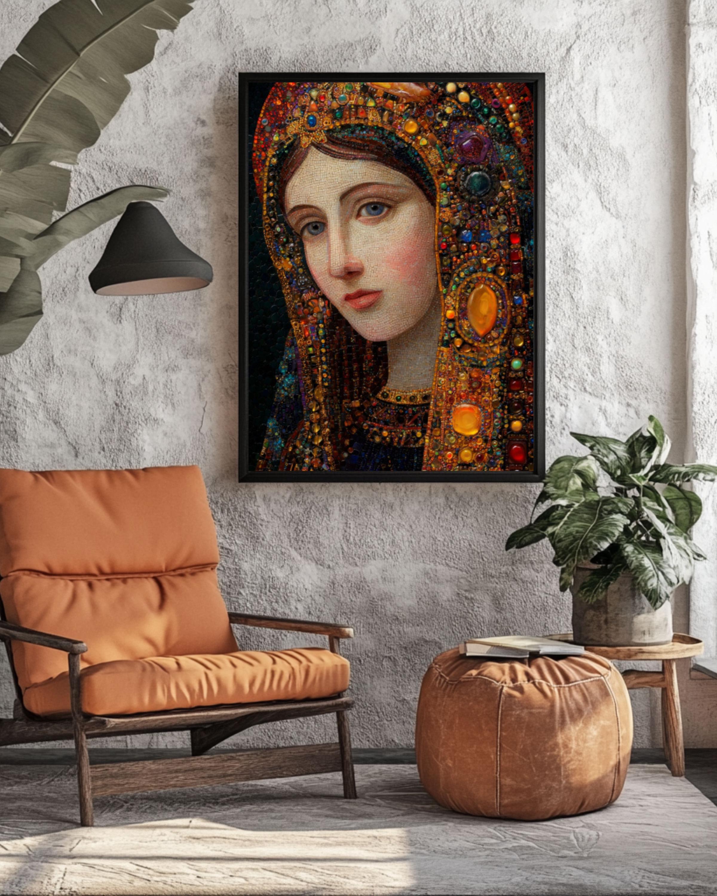 Holy Mary Portrait Wall Art | Klimt Style Gemstone Religious Canvas
