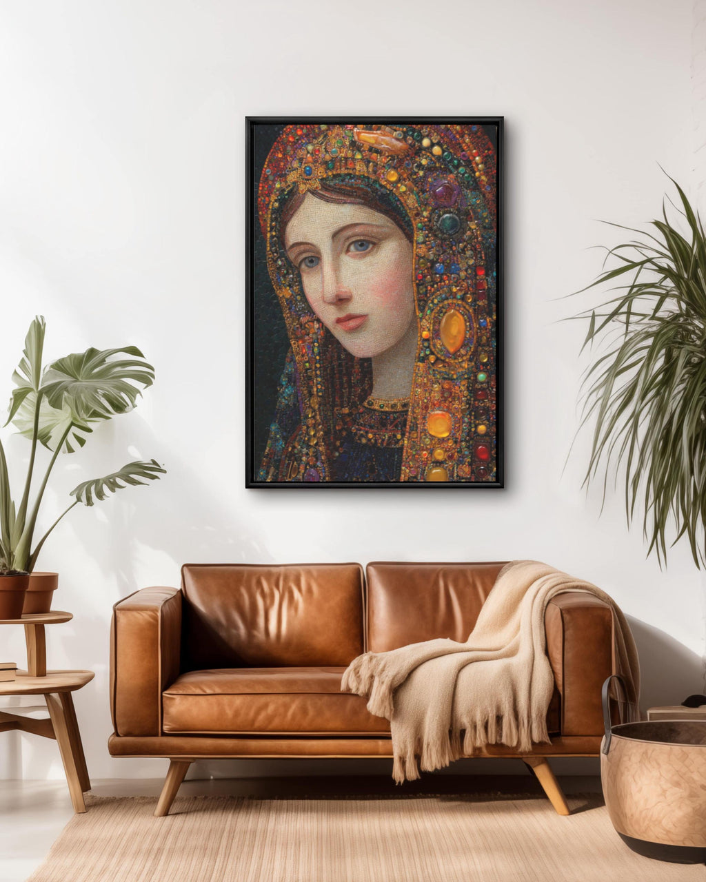 Holy Mary Portrait Wall Art | Klimt Style Gemstone Religious Canvas