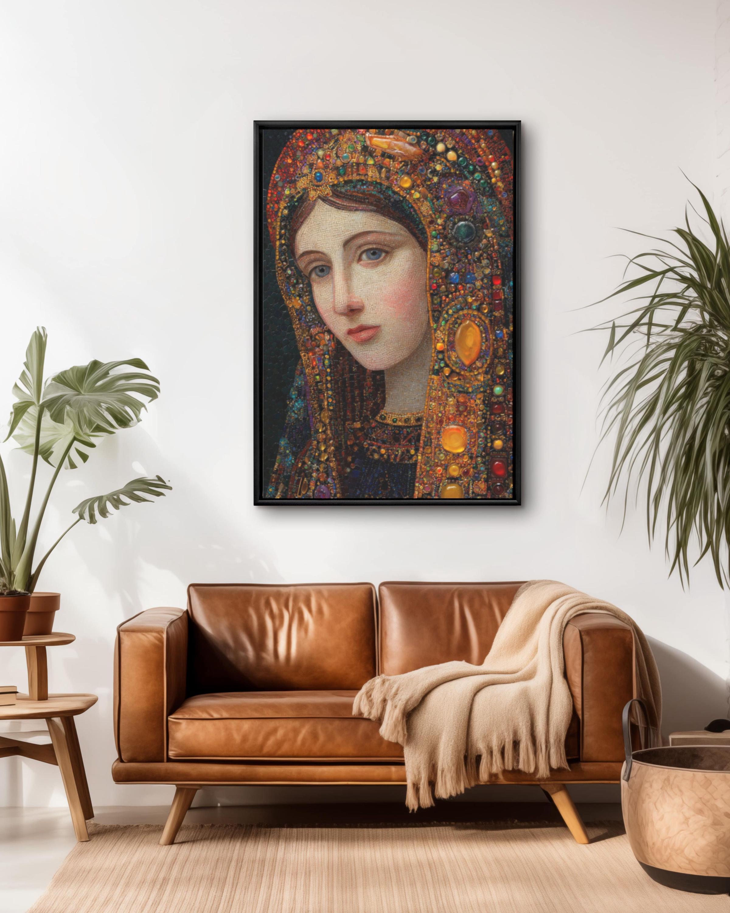 Holy Mary Portrait Wall Art | Klimt Style Gemstone Religious Canvas