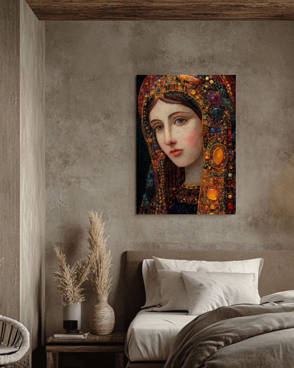 Holy Mary Portrait Wall Art | Klimt Style Gemstone Religious Canvas