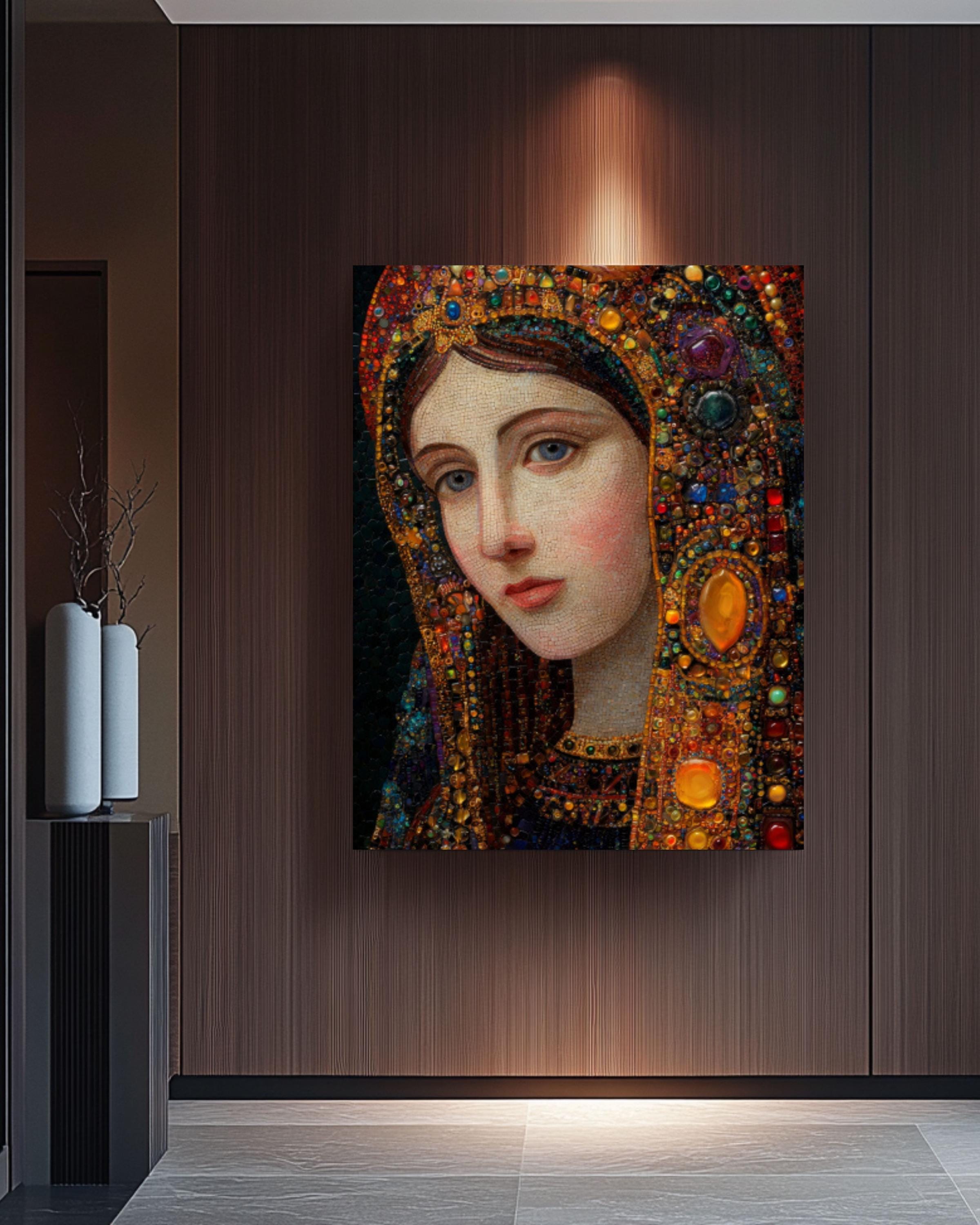 Klimt Style Holy Mary Art: Gemstone Portrait, Religious Wall Decor for home and office wall décor