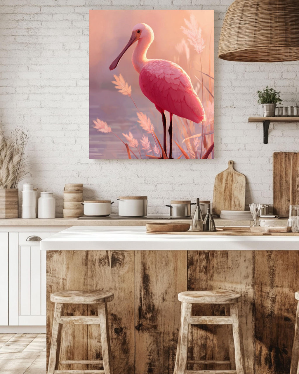 Roseate Spoonbill Bird Wall Art | Pastel Cartoon Poster | Canvas or Framed