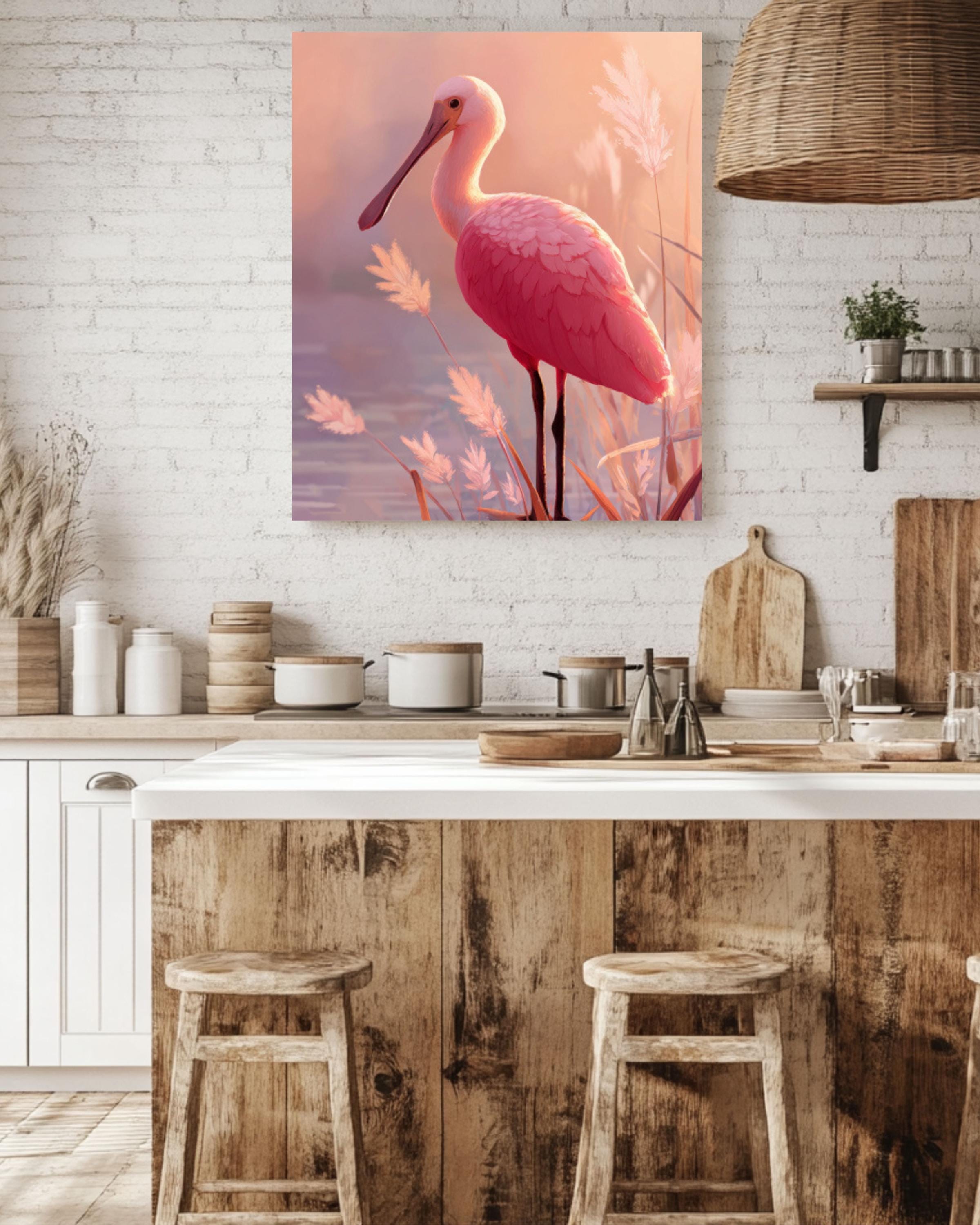 Roseate Spoonbill Bird Wall Art | Pastel Cartoon Poster | Canvas or Framed