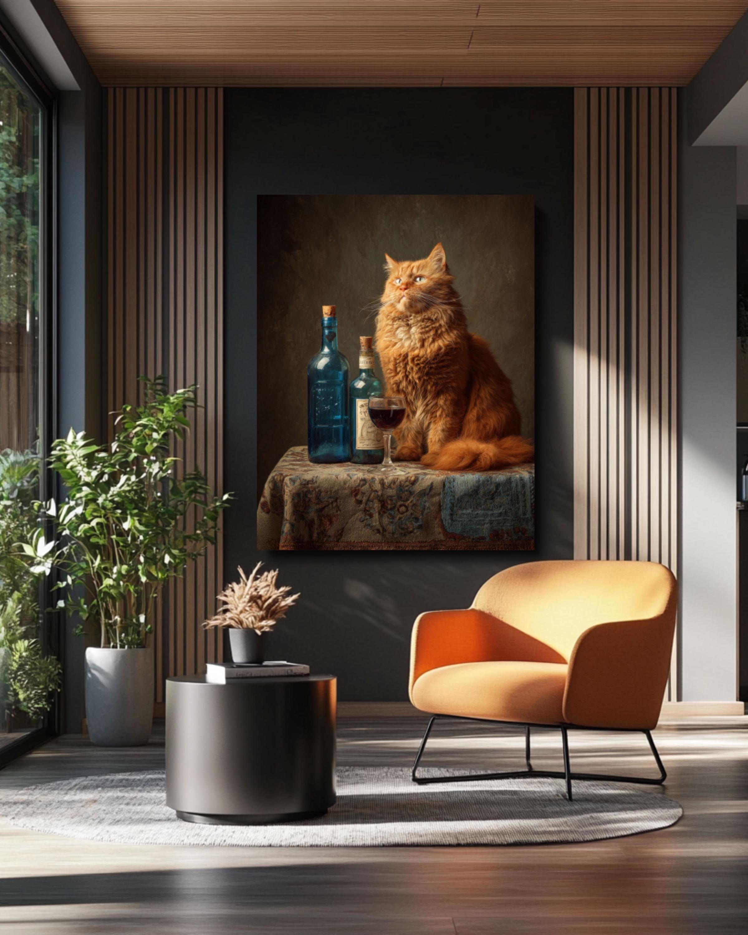 Fat Orange Cat Wine Wall Art Print | Whimsical Kitchen Decor