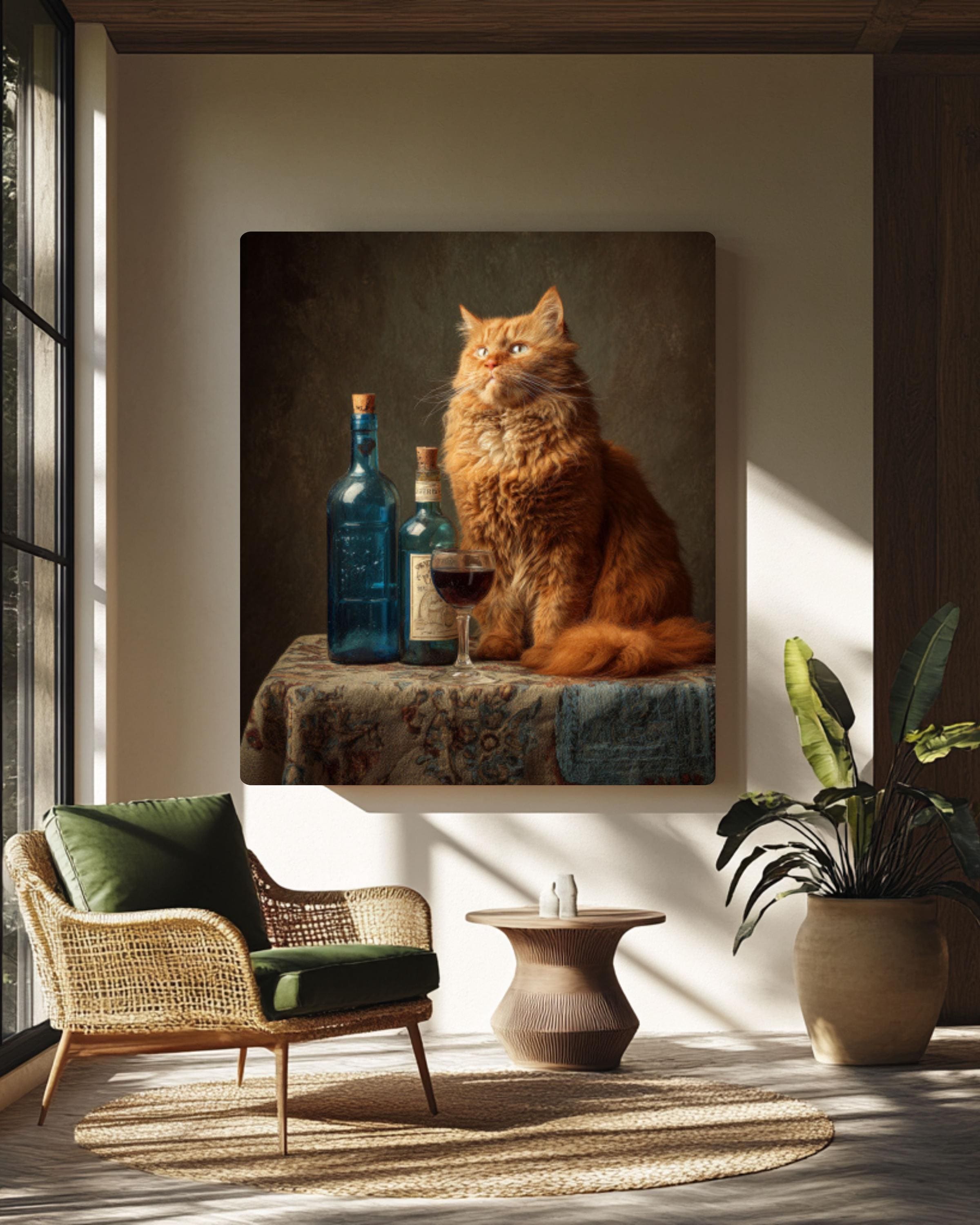 Fat Orange Cat Wine Art Print: Noguchi Style Whimsical Decor for home and office wall décor