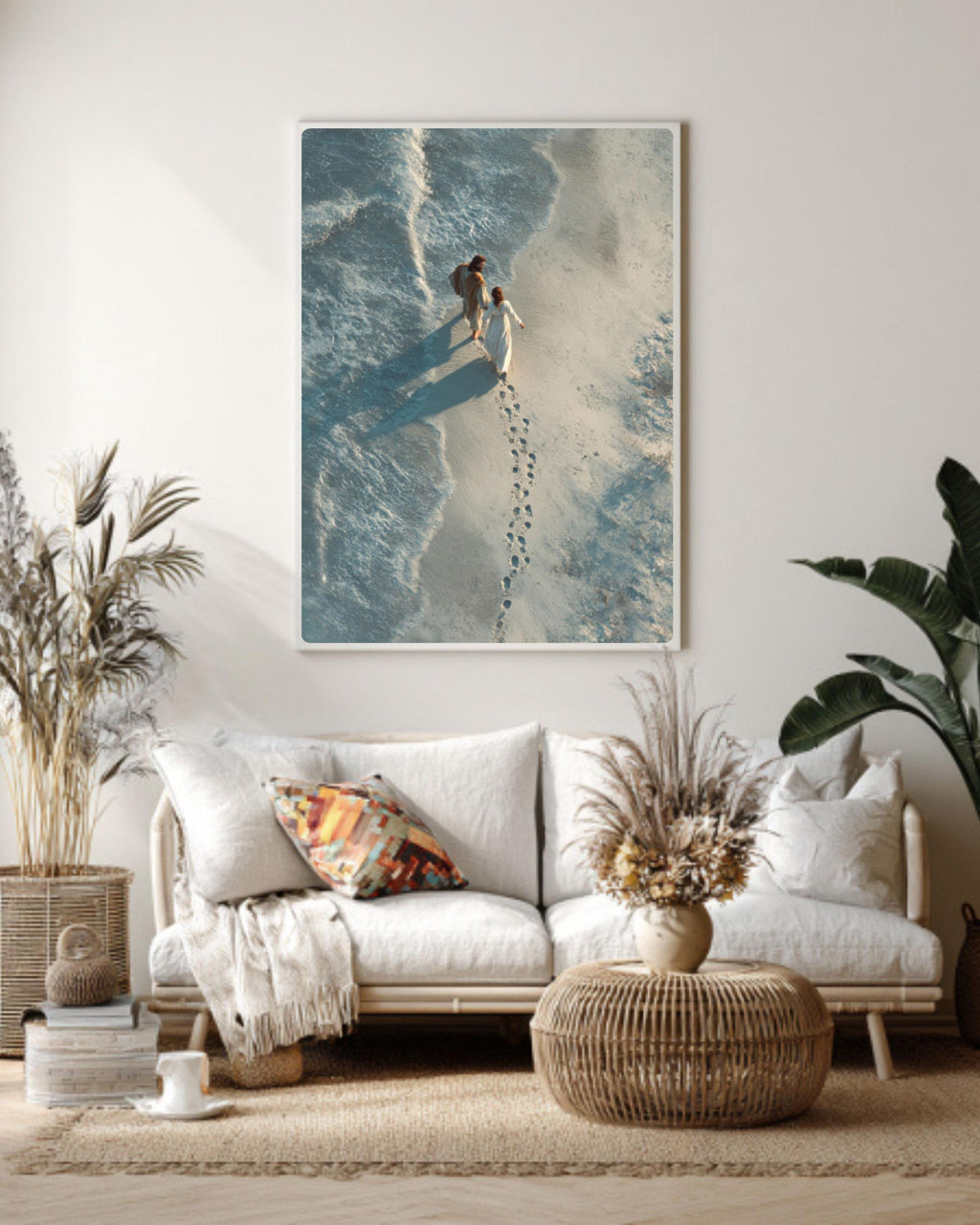 Jesus Carrying Woman Wall Art | Photorealistic Beach Scene | Christian Decor