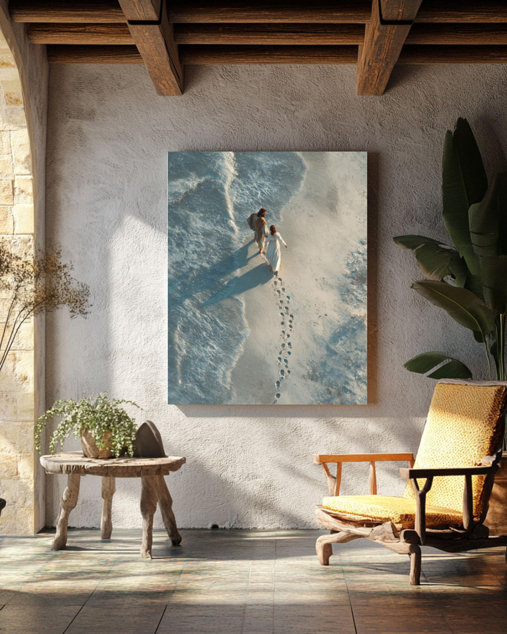 Jesus Carrying Woman Wall Art | Photorealistic Beach Scene | Christian Decor