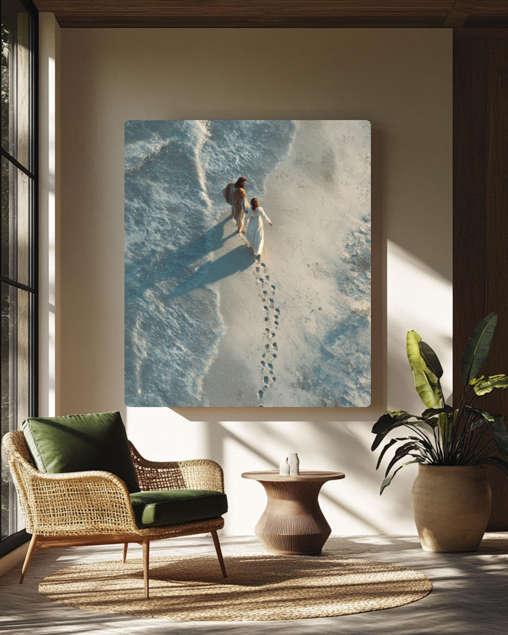 Jesus Carrying Woman Wall Art | Photorealistic Beach Scene | Christian Decor