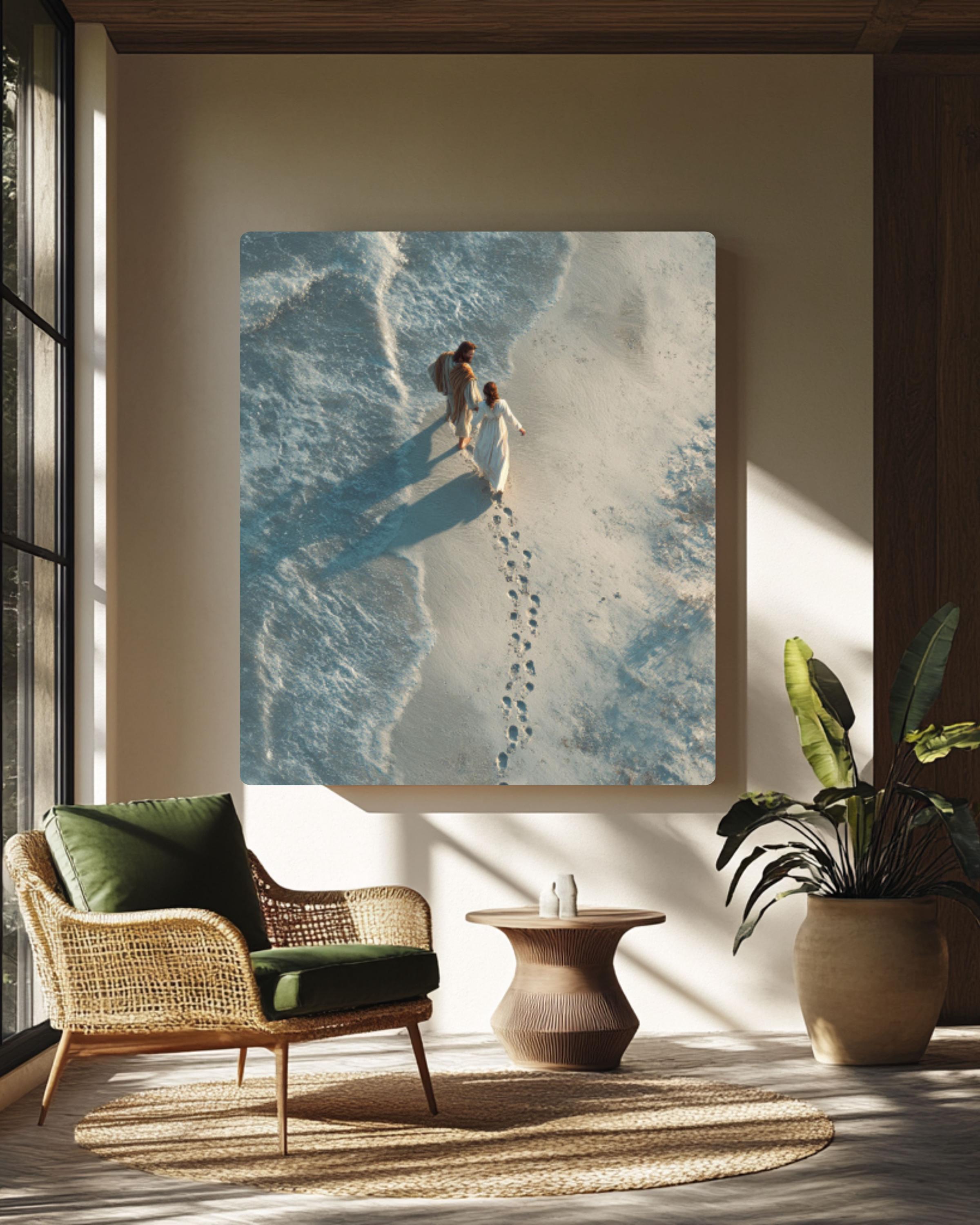 Jesus Carrying Woman Wall Art | Photorealistic Beach Scene | Christian Decor