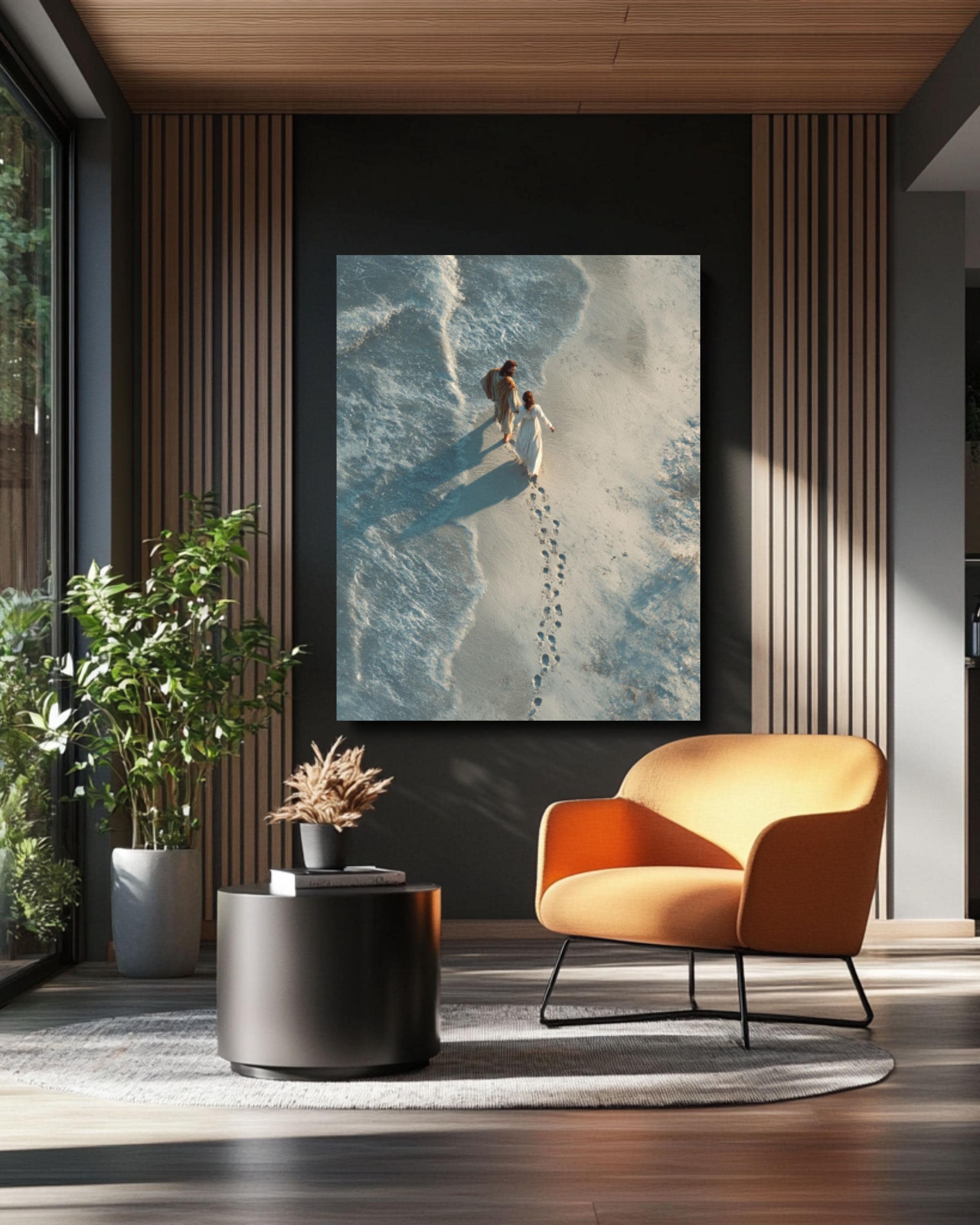 Jesus Carrying Woman Wall Art | Photorealistic Beach Scene | Christian Decor