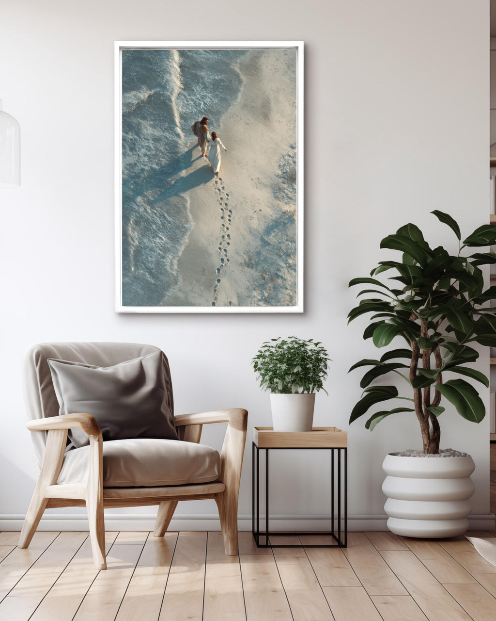 Jesus Carrying Woman Wall Art | Photorealistic Beach Scene | Christian Decor