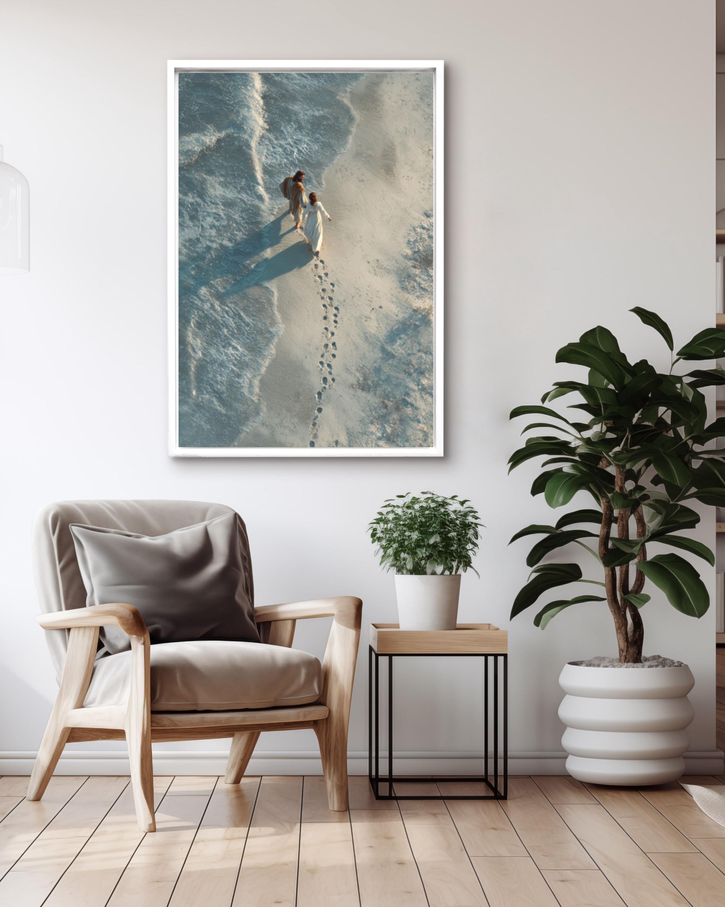 Jesus Carrying Woman Wall Art | Photorealistic Beach Scene | Christian Decor