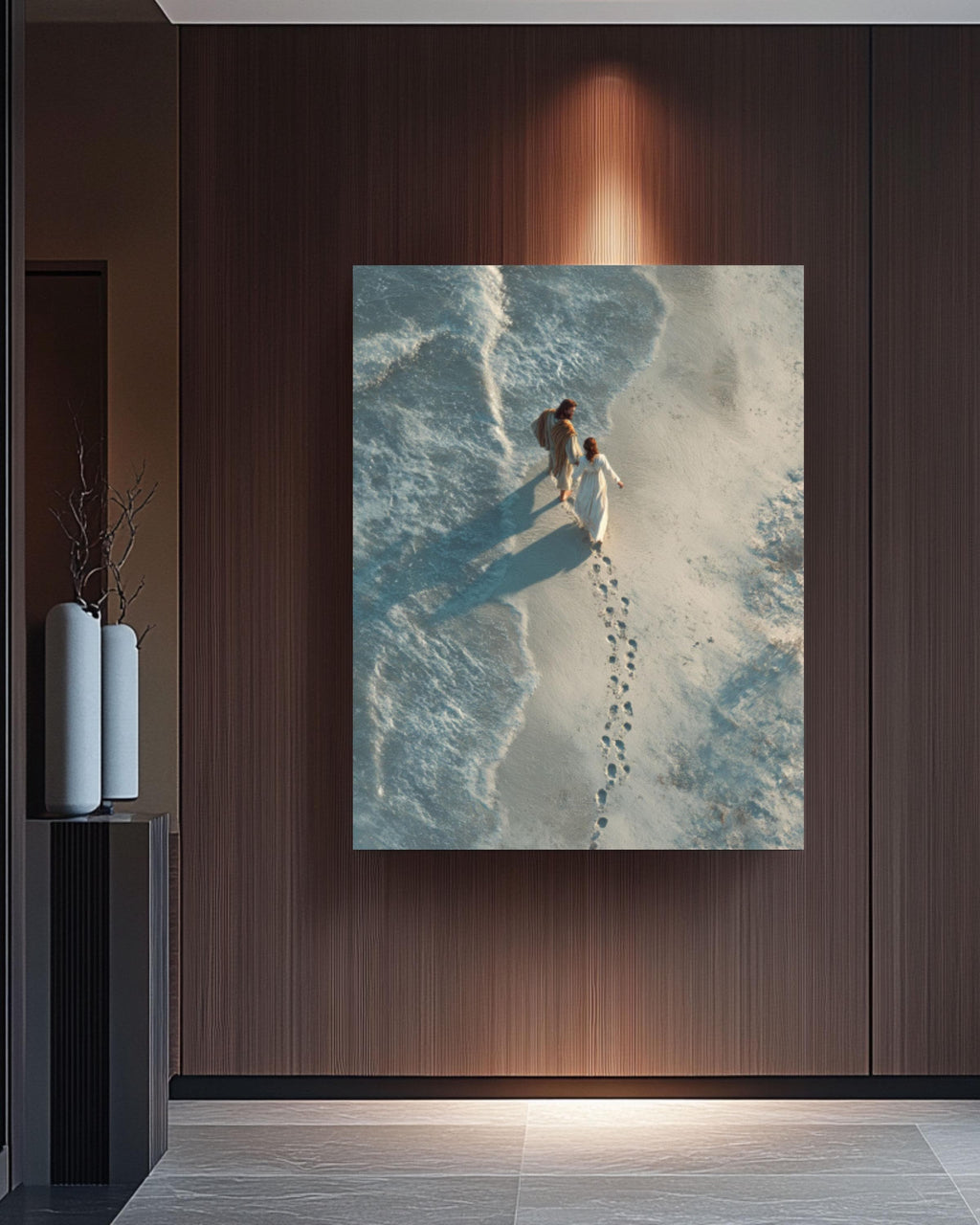Jesus Carrying Woman Wall Art | Photorealistic Beach Scene | Christian Decor
