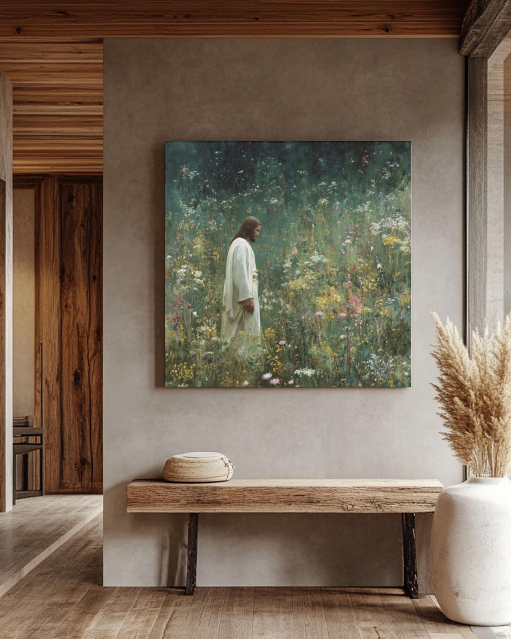 Jesus in Wildflower Field Wall Art | Spiritual Painterly Canvas Print