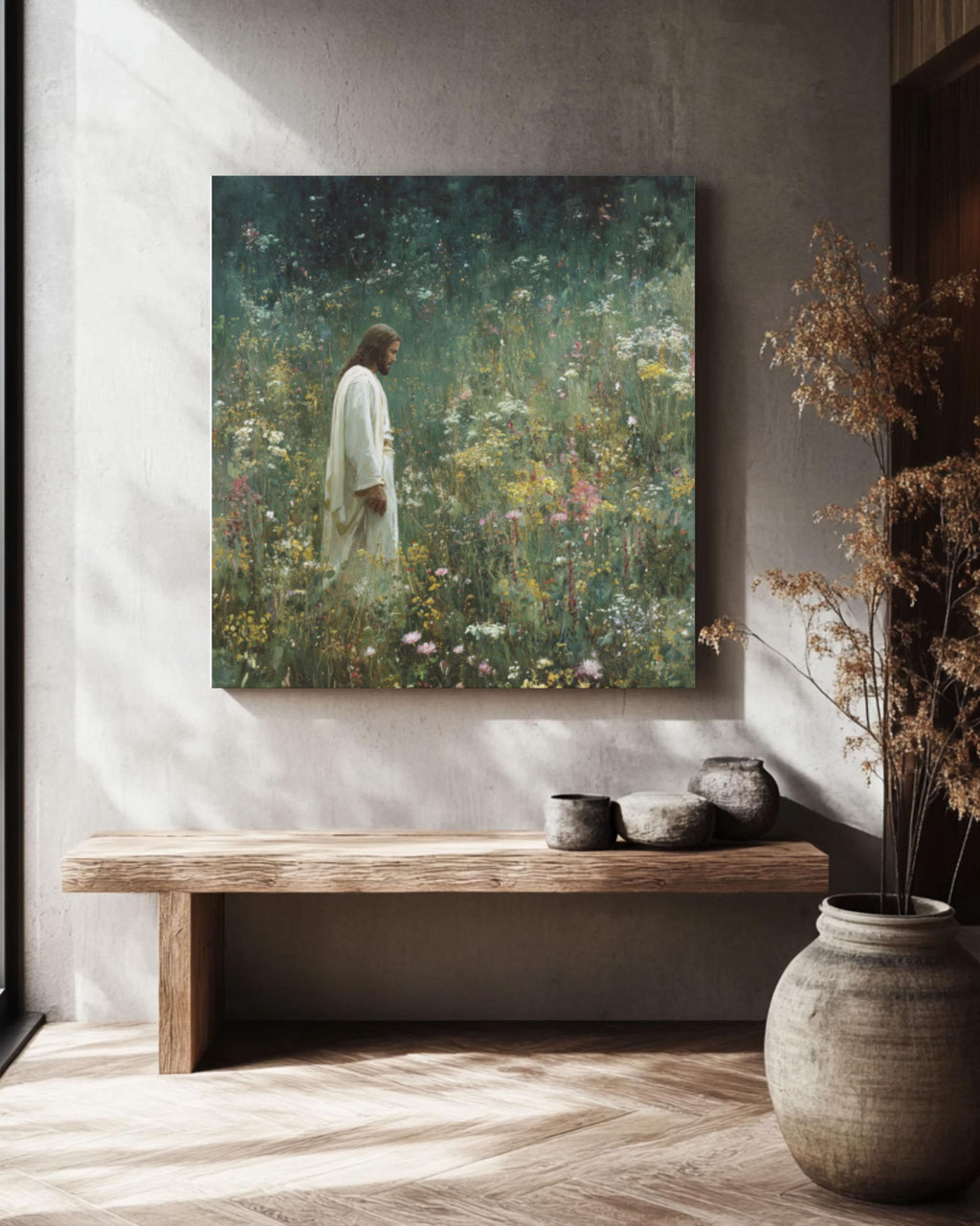 Jesus in Wildflower Field Wall Art | Spiritual Painterly Canvas Print