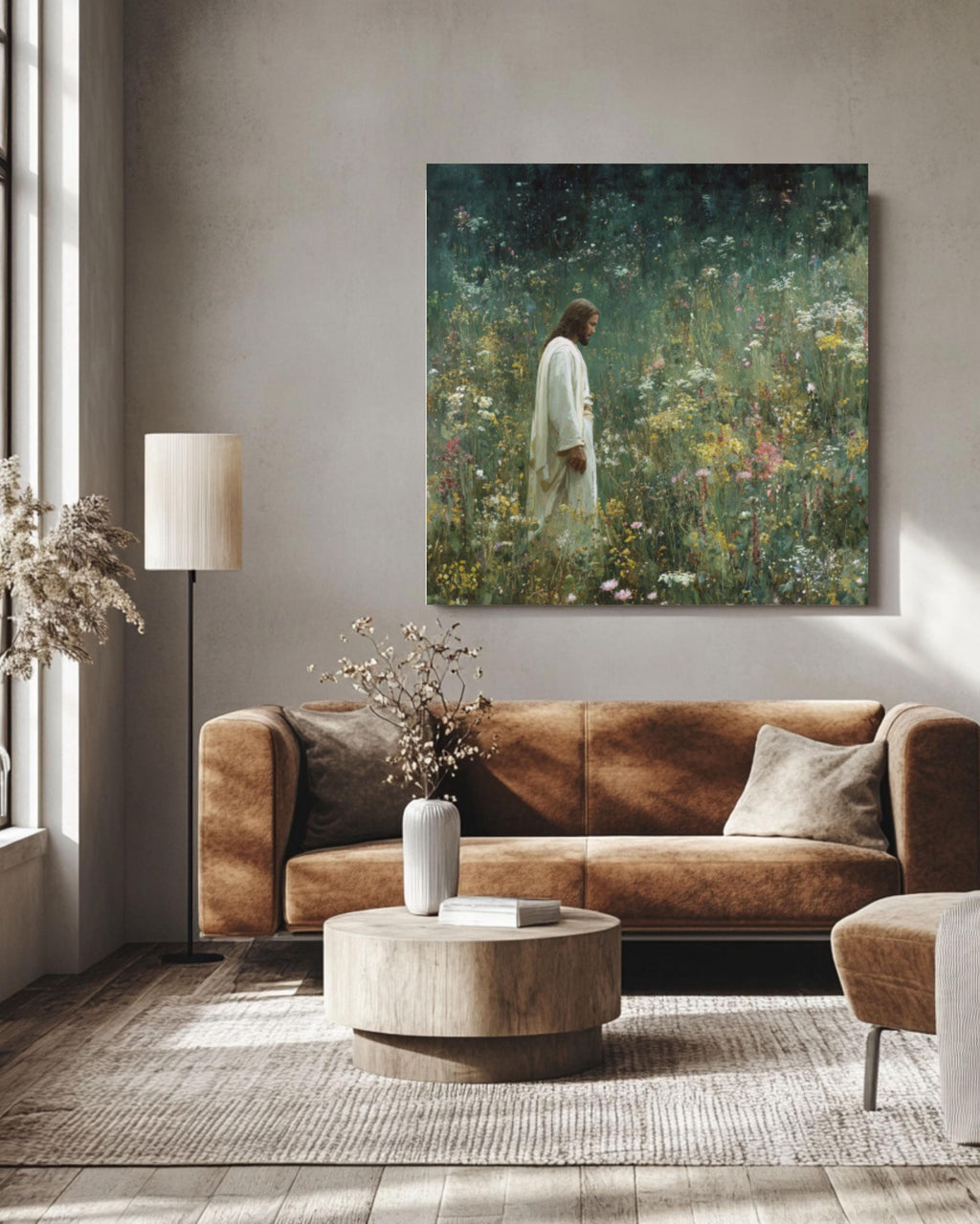 Jesus in Wildflower Field Wall Art | Spiritual Painterly Canvas Print
