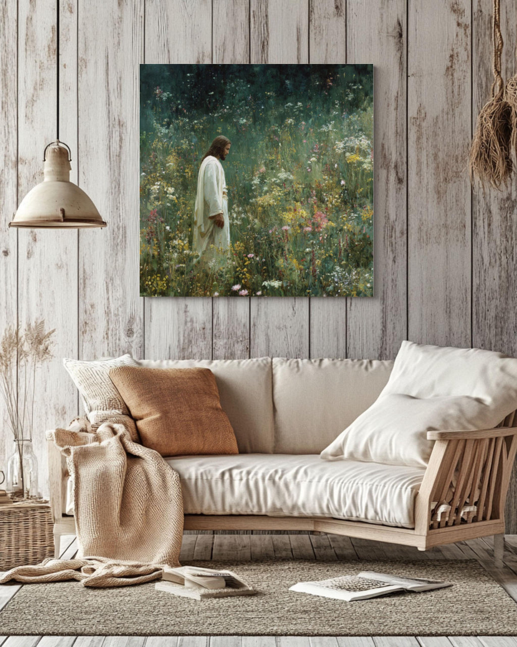 Jesus in Wildflower Field Wall Art | Spiritual Painterly Canvas Print