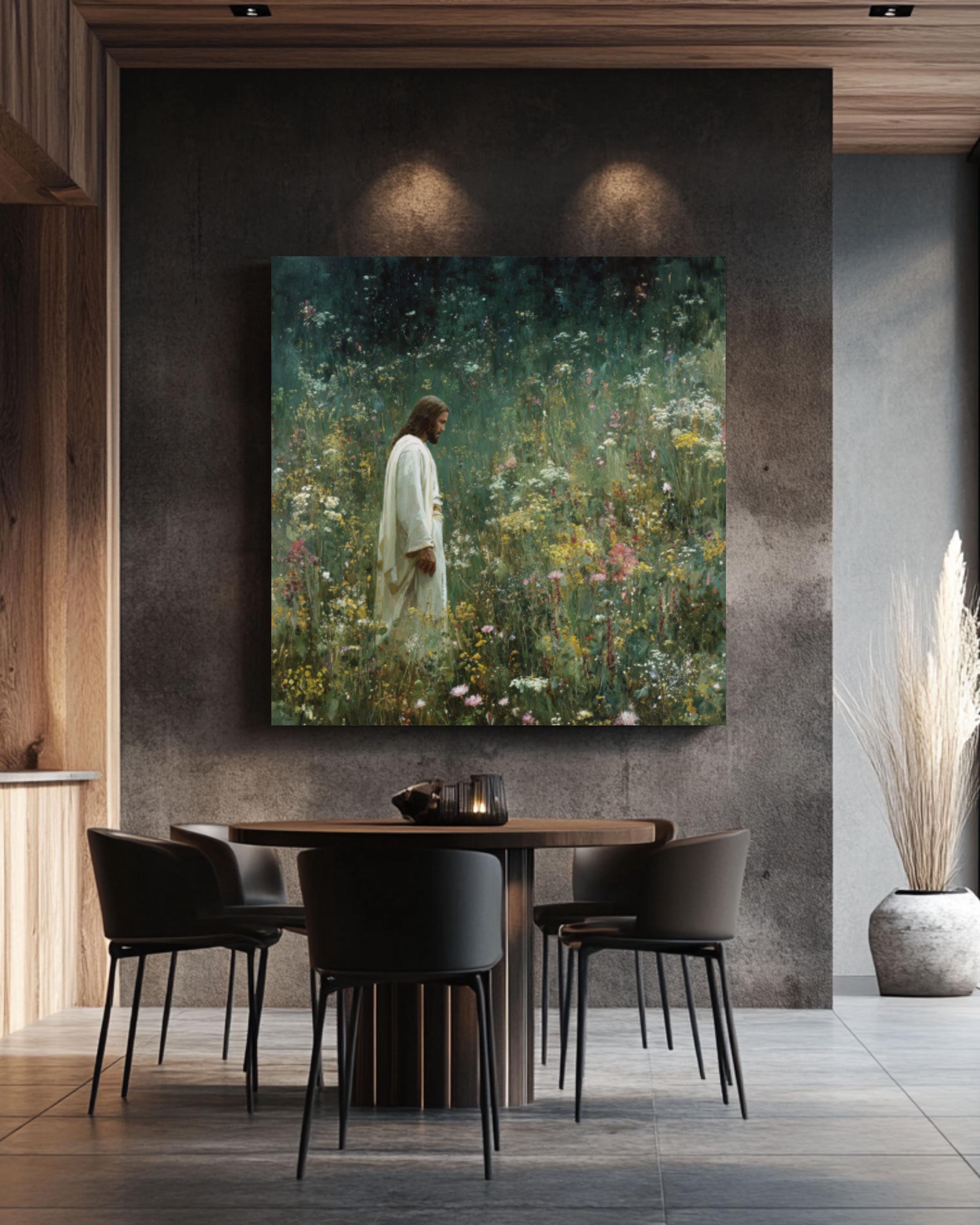 Jesus in Wildflower Field Art: Christensen & Mann Style, Spiritual Wall Decor for home and office wall décor