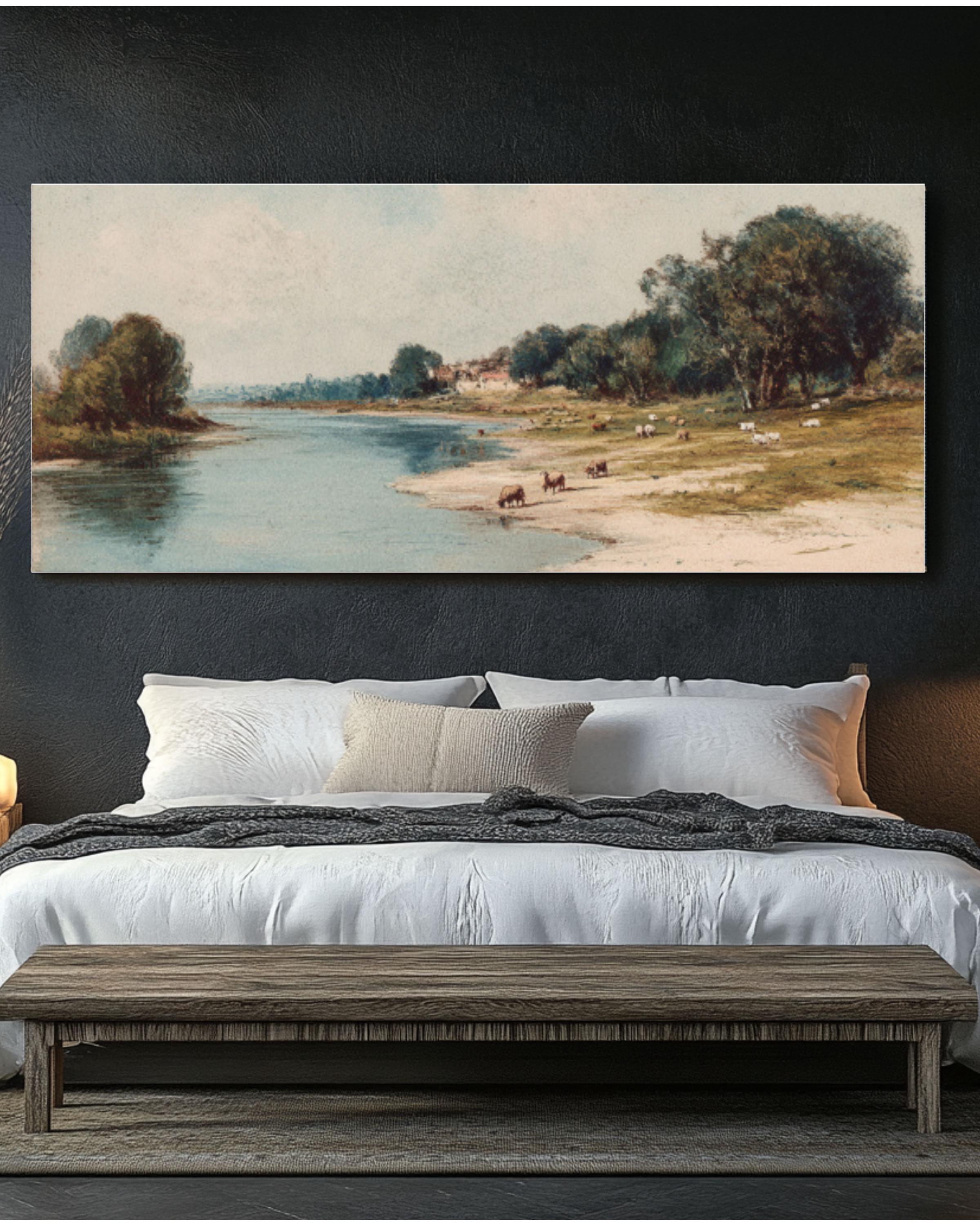 Bastien-Lepage Style River Beach Canvas Print: Victorian Pastoral Art for home and office wall décor